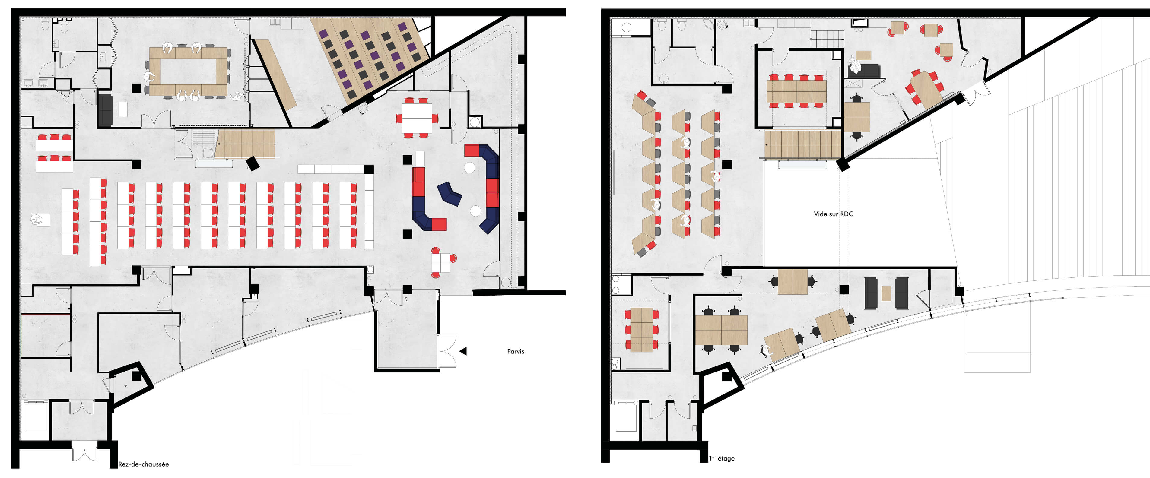 Plan en couleur des deux étages de l’École 2600 après la reconversion