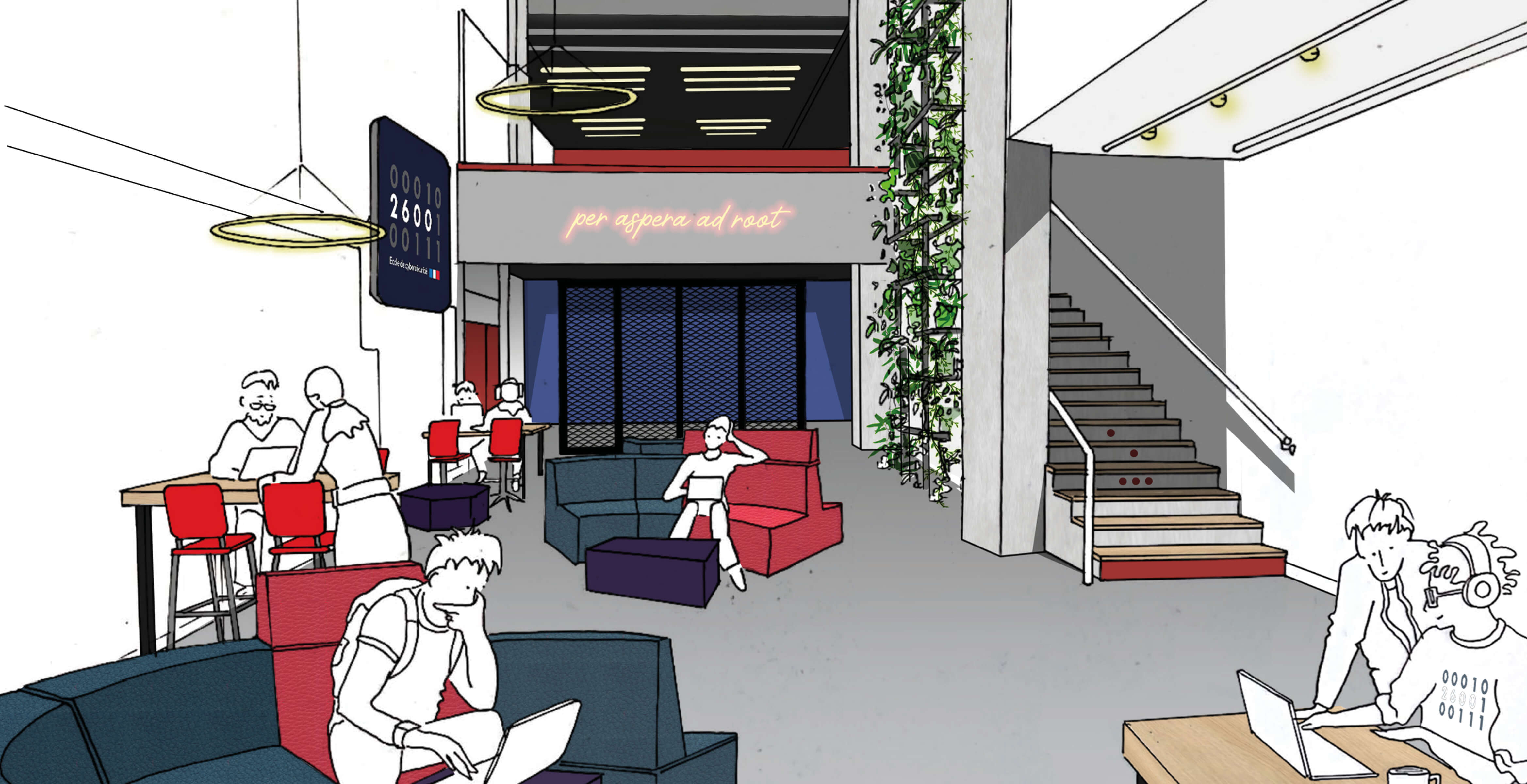 Dessin en couleurs d’élèves dans l’amphithéâtre montrant l’inspiration pour la reconversion de l’École 2600
