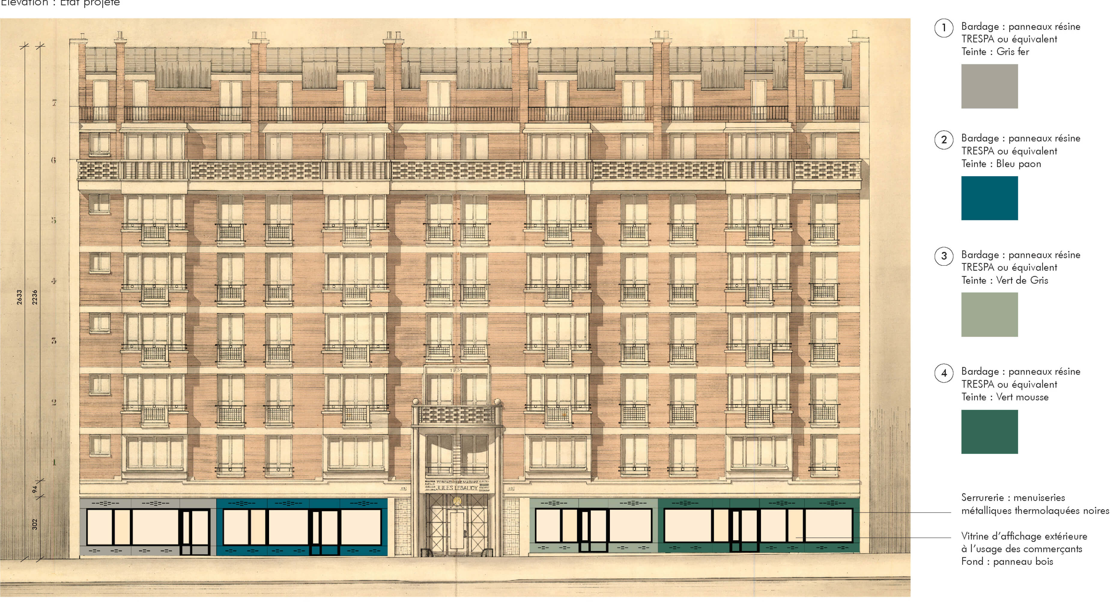 Dessin technique en couleurs montrant simulation de la facade de l'immeuble en briques avec les nouvelles devantures au rez-de-chaussee