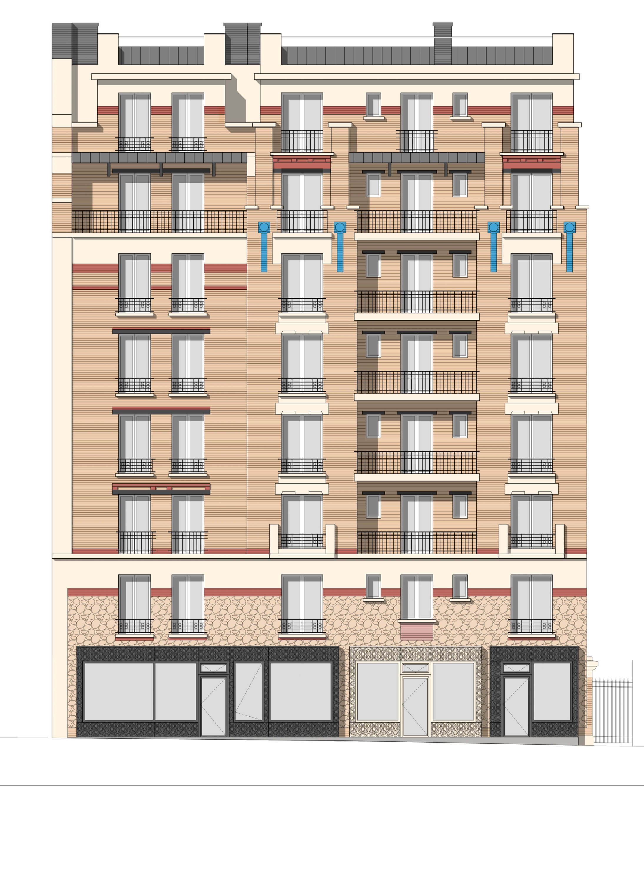 Dessin couleurs simulant le rendu apres le remplacement des devantures rues de Cronstadt et Gassendi