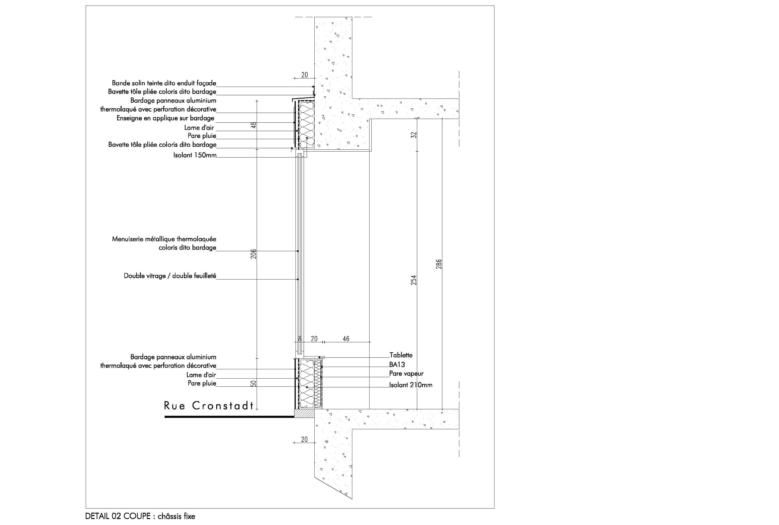 Dessin technique d'un plan de coupe detaillant les materieux choisis pour le projet de remplacement des devantures rues de Cronstadt et Gassendi