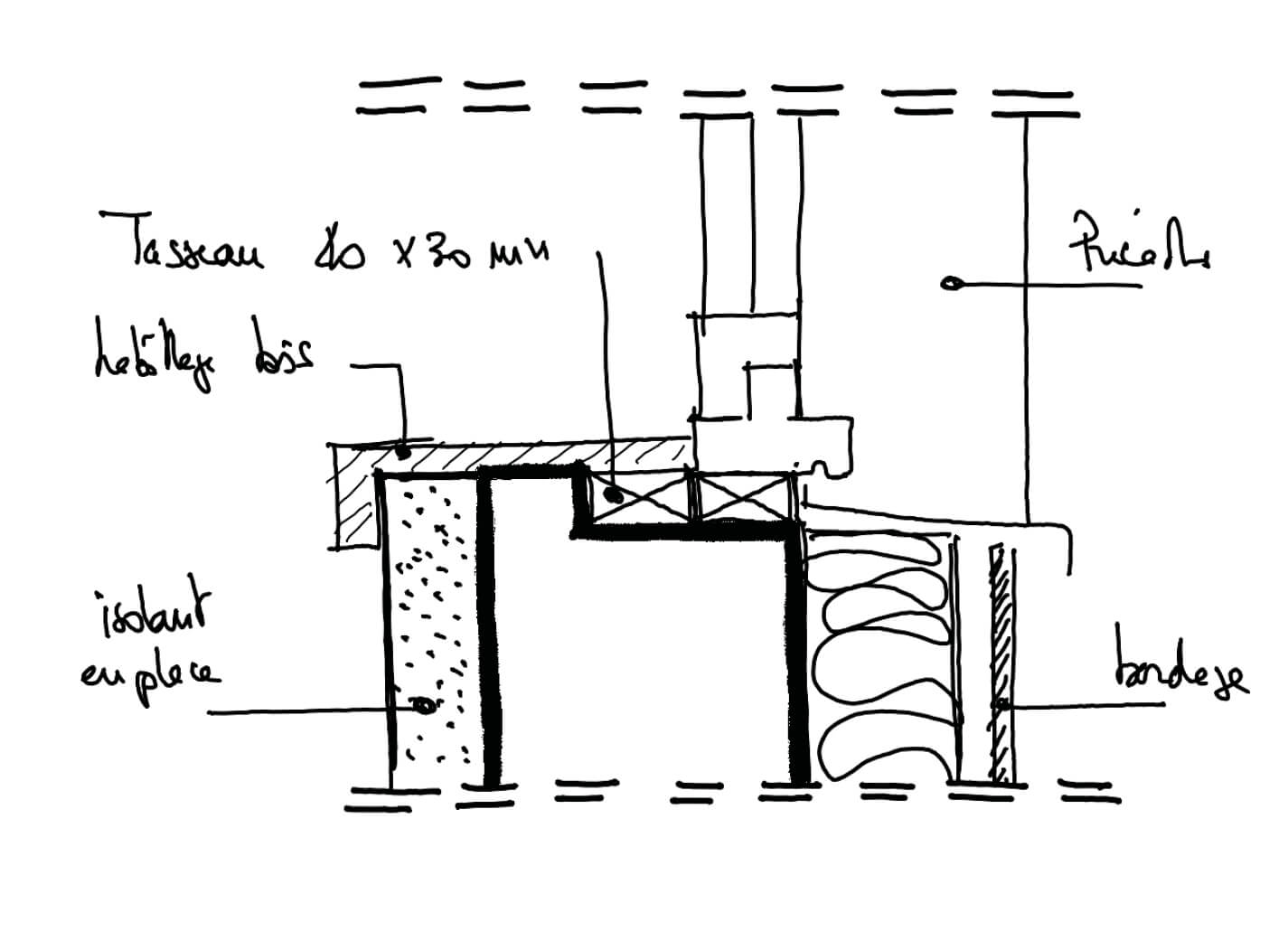 Croquis dessiné à la main représentant un plan de coupe avec isolant et bardage pour ce projet de réhabilitation énergétique en milieu habité Impasse Delépine à Paris.