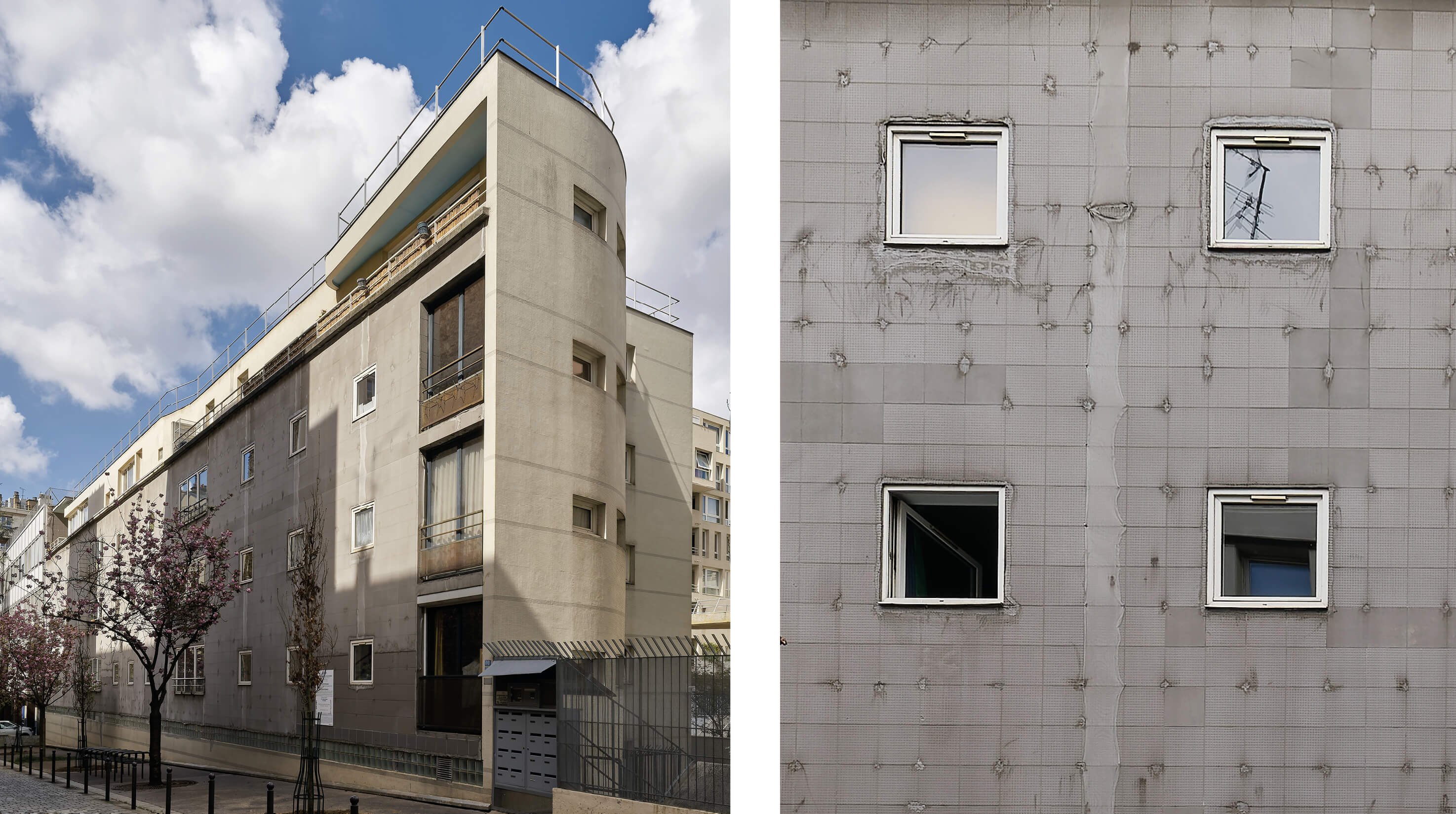 Photo montrant les petites fenêtres de la façade sud grise et abimée avant réhabilitation énergétique en milieu habité Impasse Delépine à Paris.