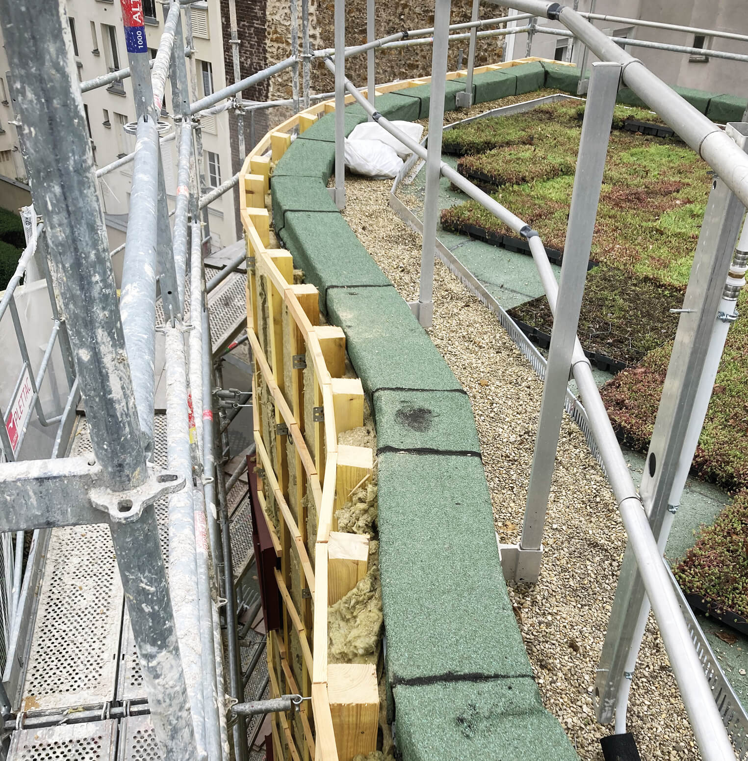 Photo des matériaux isolants de la façade vus depuis le toit avant la pose du bardage pendant la réhabilitation énergétique. On aperçoit aussi les plantes du toit-terrasse végétal.