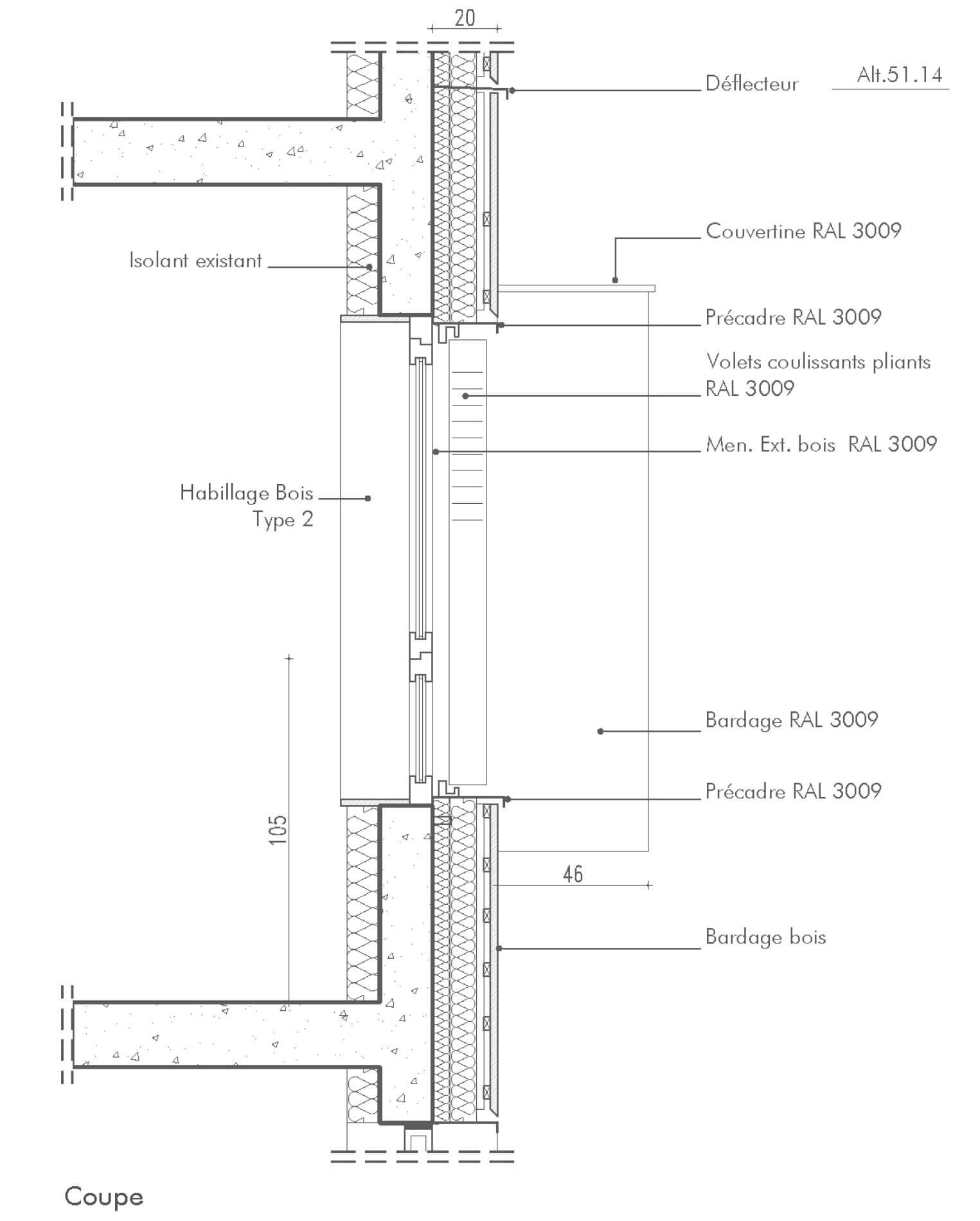 Dessin technique représentant un plan de coupe de la façade sud de l'immeuble impasse Delépine dans le cadre d'un projet de réhabilitation énergétique en milieu habité.