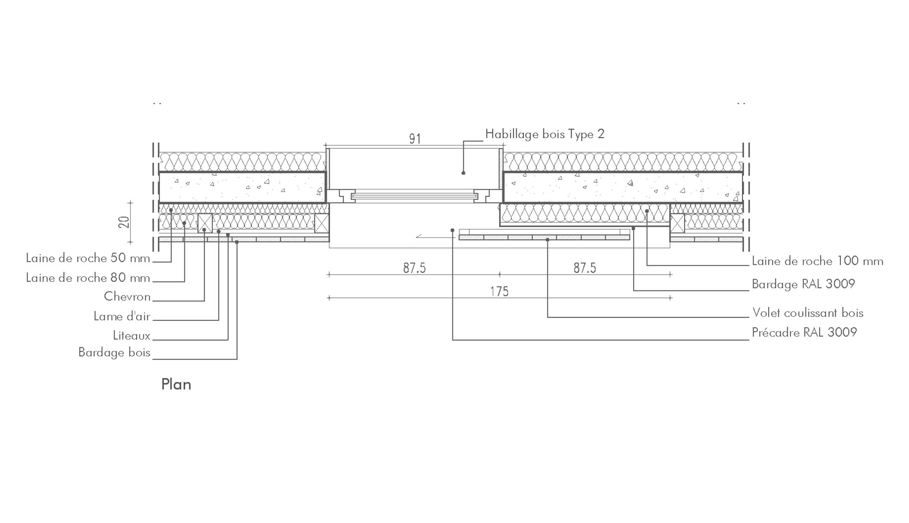 Dessin technique détaillant l'installation des volets coulissants en bois dans le cadre de la réhabilitation énergétique en milieu habité Impasse Delépine.