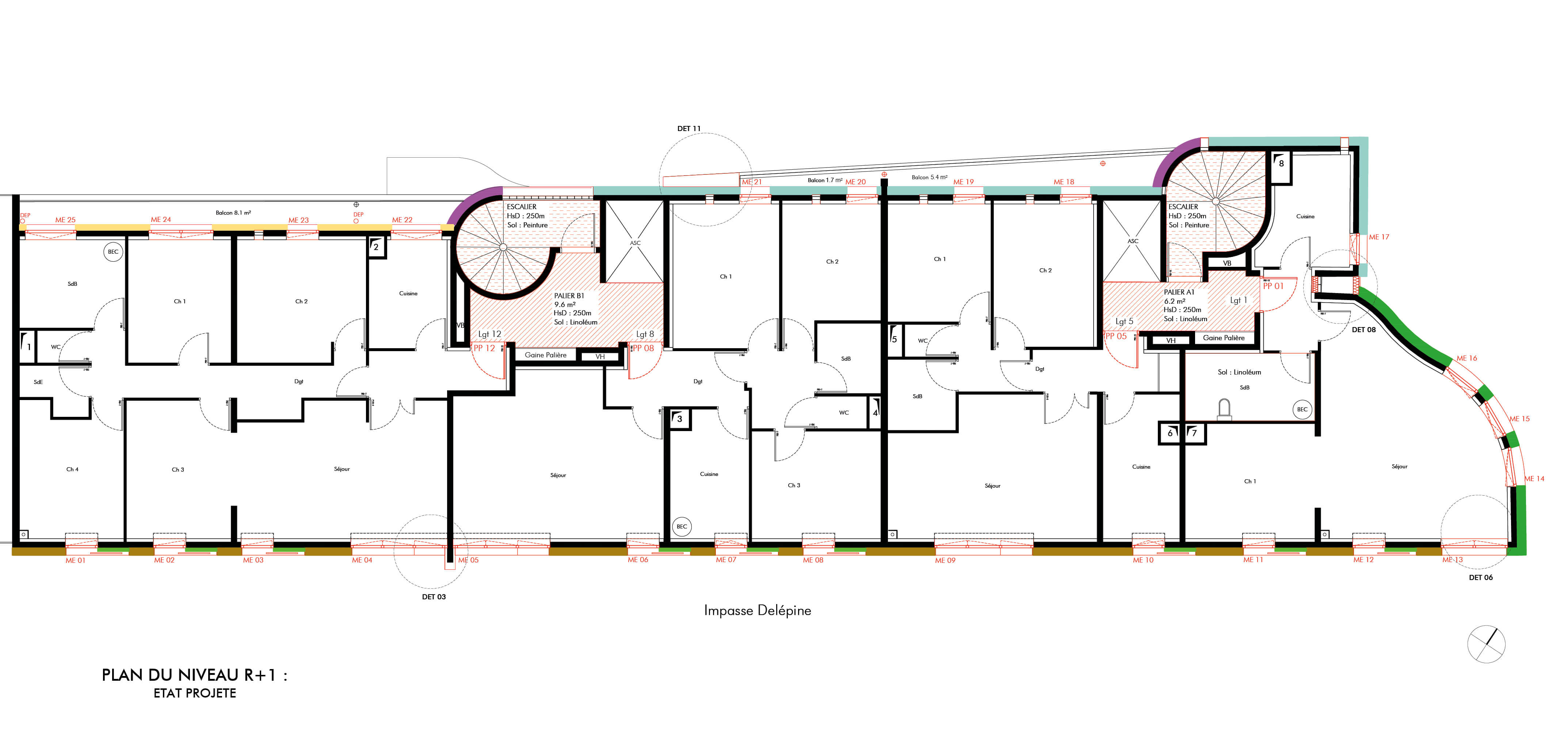 Dessin technique représentant le plan des appartements et parties communes d'un étage de l'immeuble Imapsse Delépine pour le projet de réhabilitation énergétique en milieu habité.