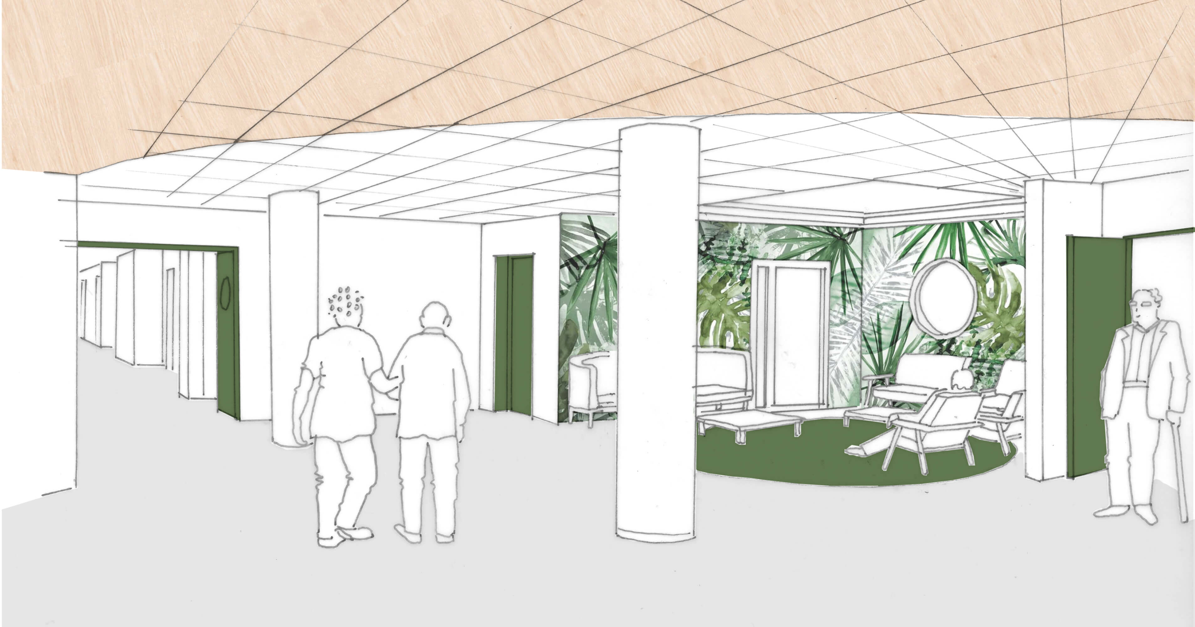 Croquis en couleurs de l’espace détente du hall avec son papier peint d’inspiration végétale après le réaménagement des espaces communs de l’Ehpad La Citadine de Massy