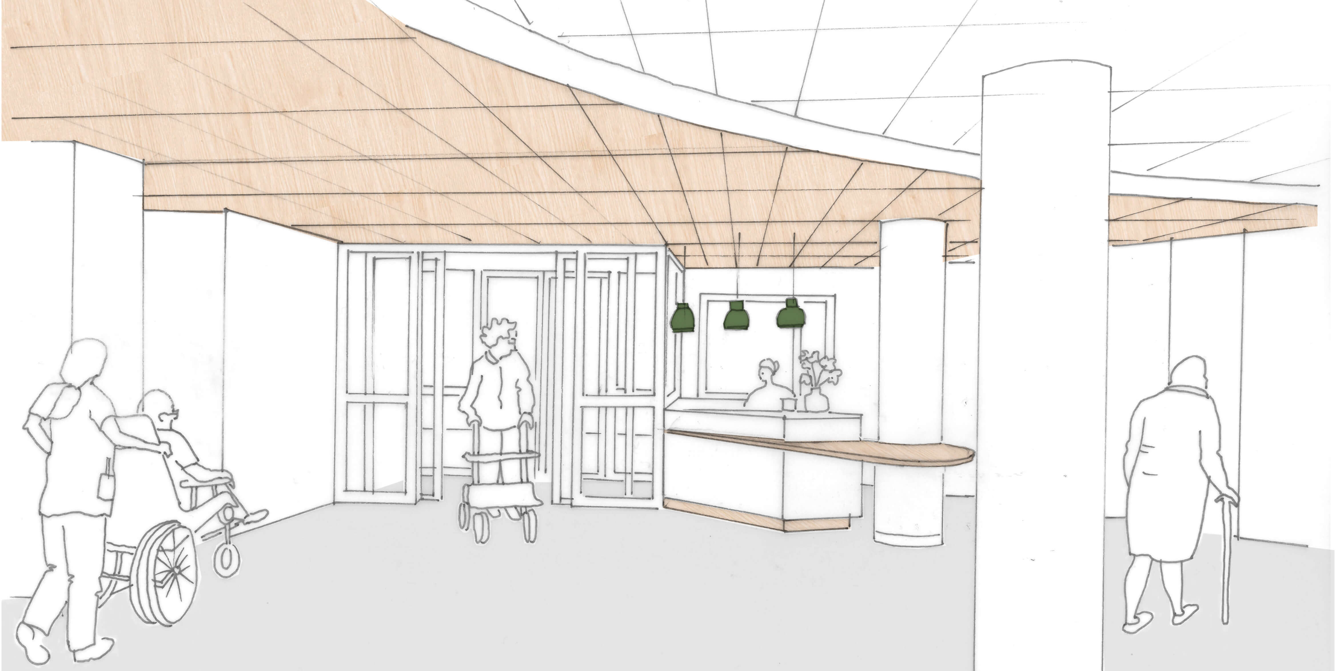 Croquis couleur de la porte d’entrée de la résidence et de la banque d’accueil avec des usagers mis en situation après le réaménagement des espaces communs de l’Ehpad La Citadine de Massy