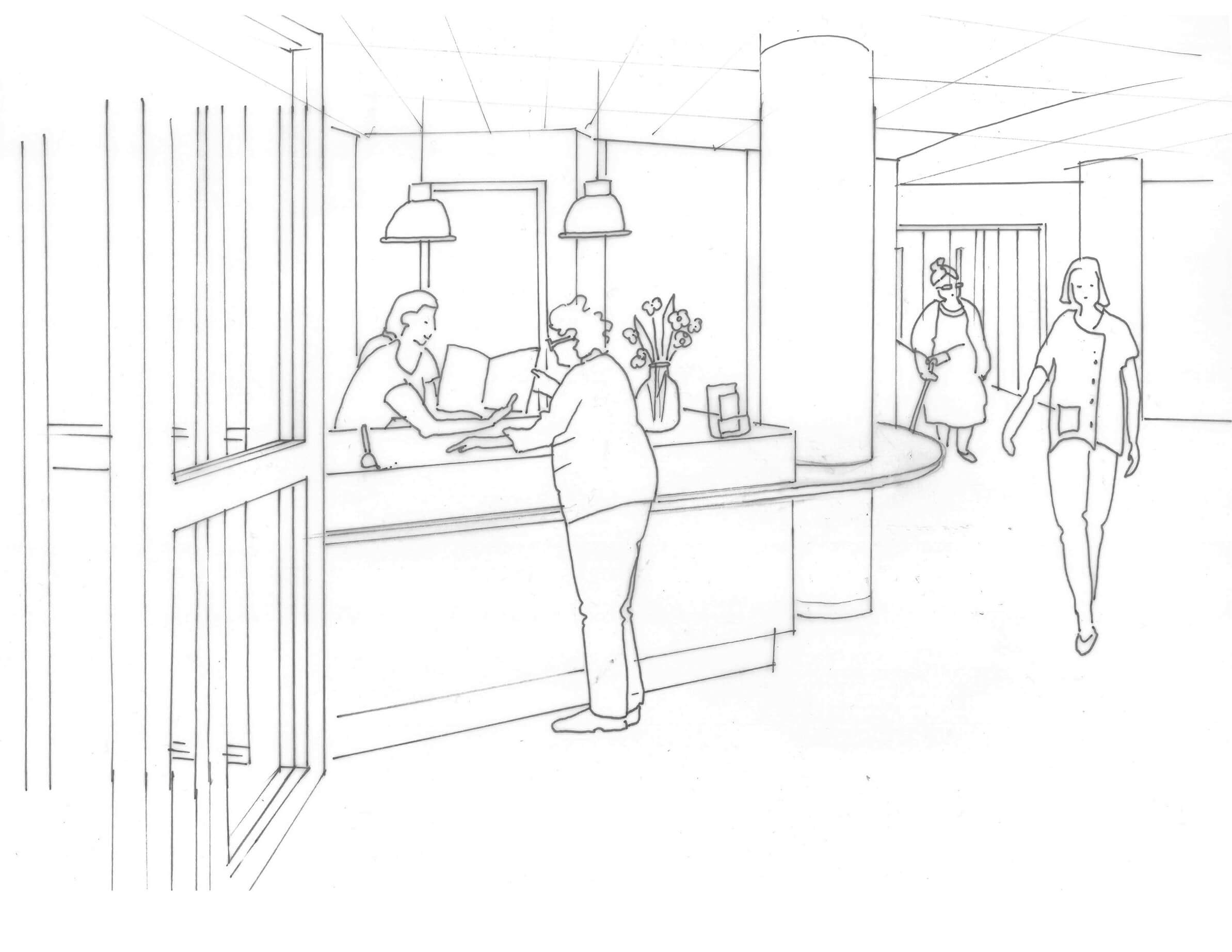 Croquis noir et blanc d’usagers et de personnels autour de la banque d’accueil après le réaménagement des espaces communs de l’Ehpad La Citadine de Massy
