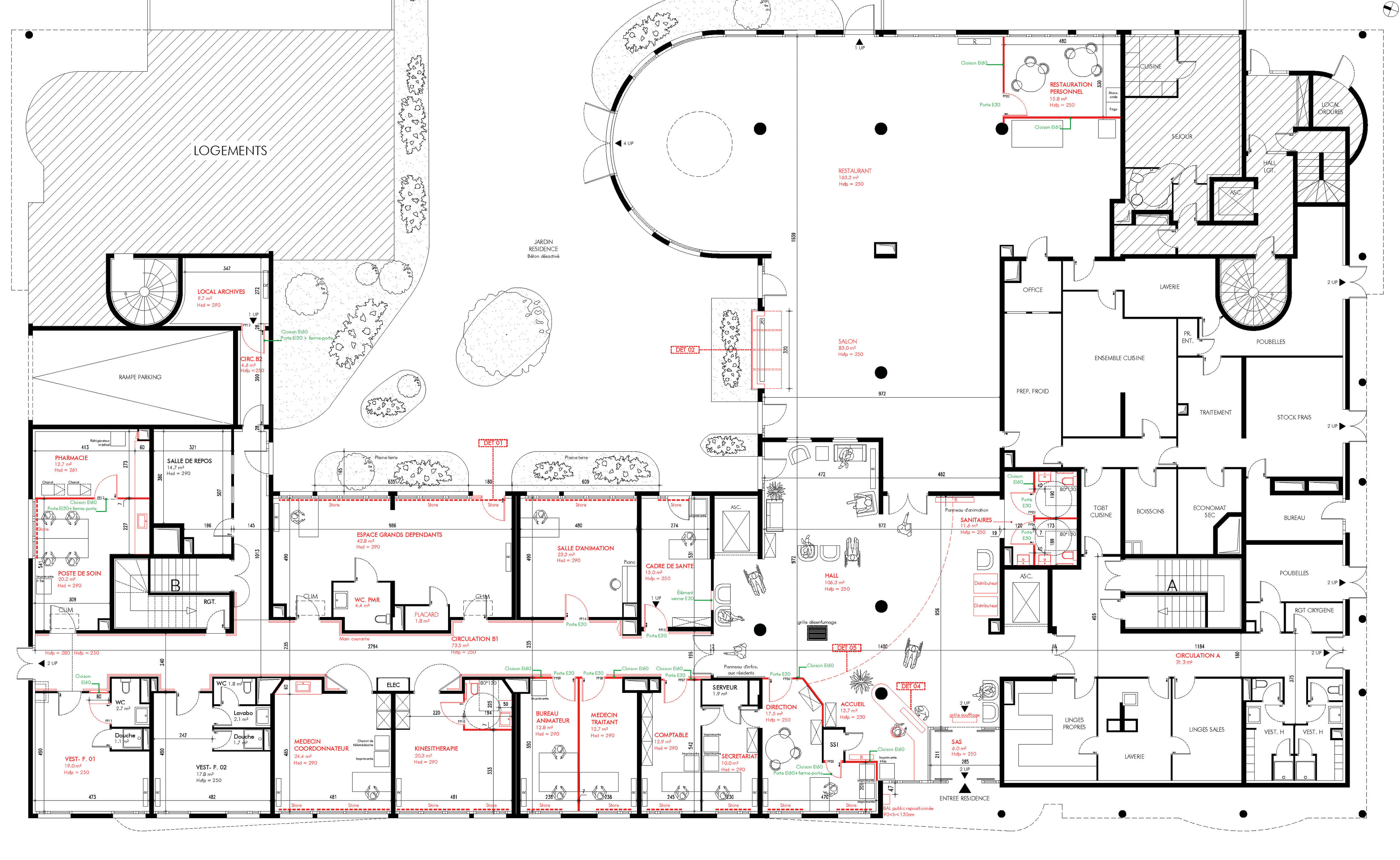 Dessin technique du plan montrant les différents espaces du rez-de-chaussée après le réaménagement des espaces communs de l’Ehpad La Citadine de Massy