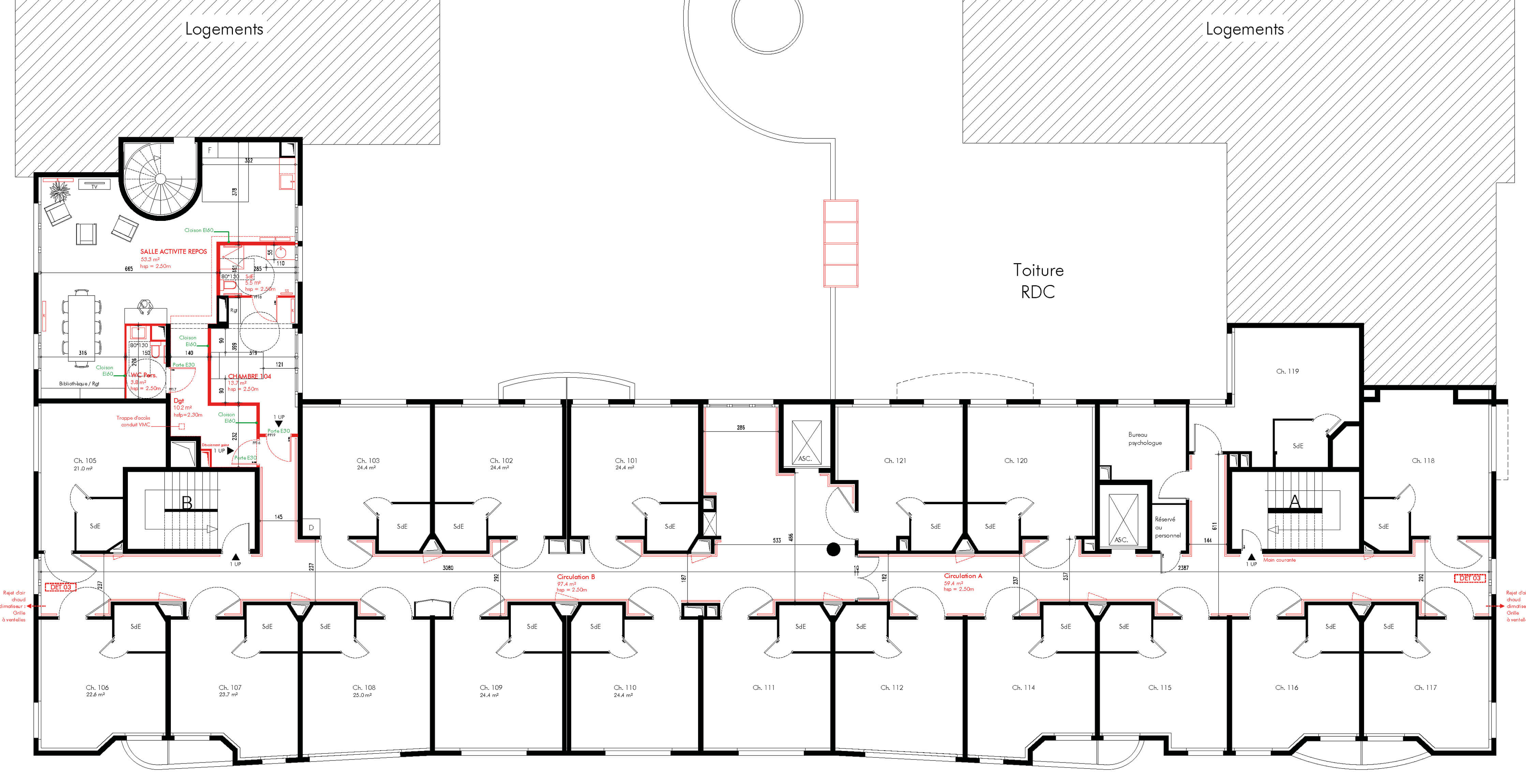 Dessin technique du plan des salles à l’étage de l’Ephad La Citadine de Massy