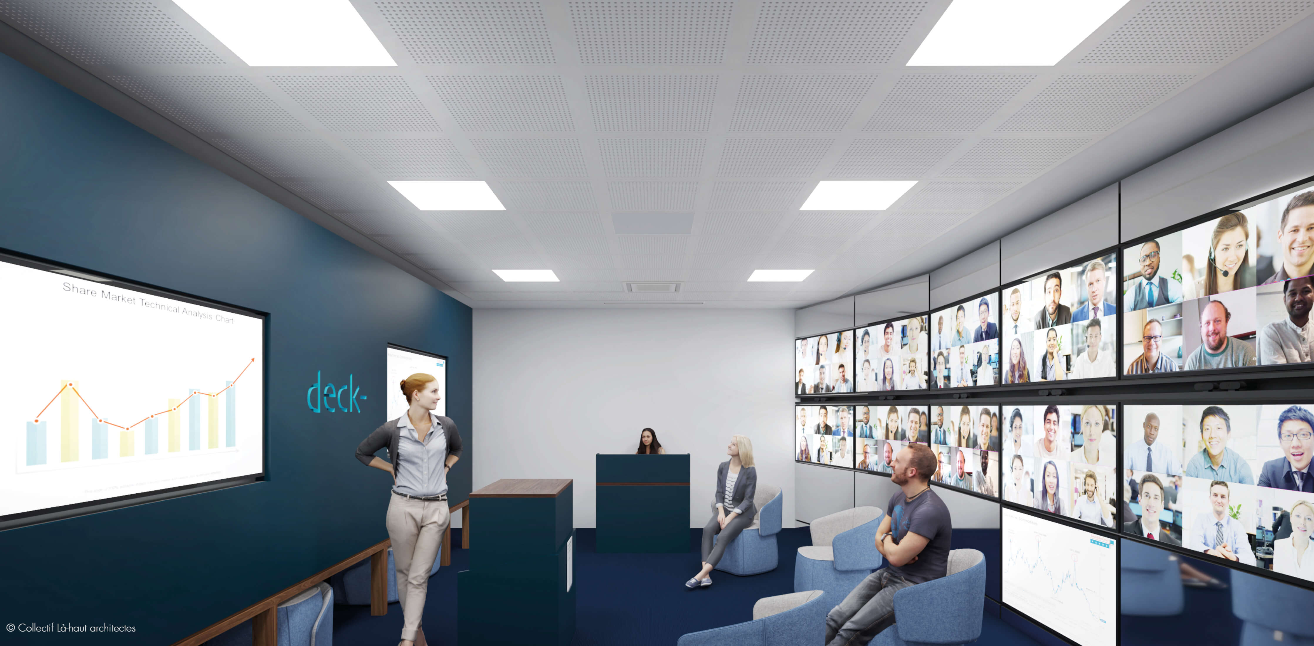 Simulation 3D montrant plusieurs personnes assistant à un cours dans la salle virtuelle Deck de l’Essec en présentiel et sur le mur d’écrans.