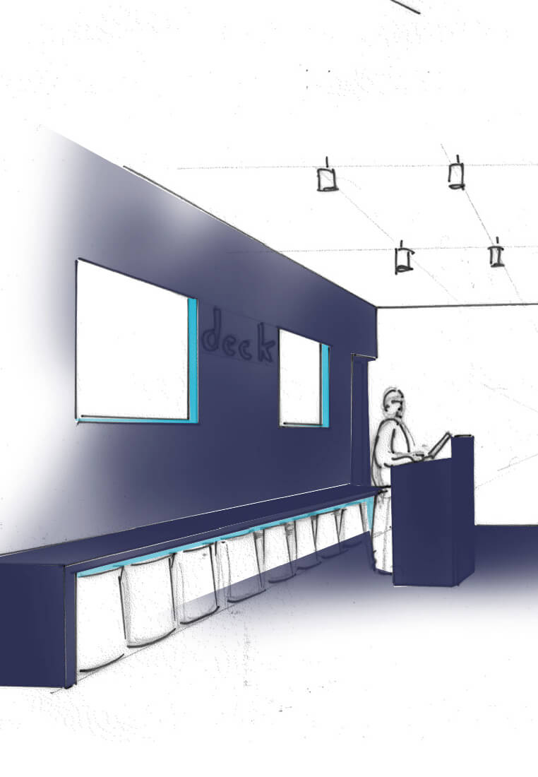 Dessin représentant un professeur au pupitre du Deck, la salle virtuelle de l’Essec, l’écran dans son dos et les sièges rangés dans la niche en bas du mur.