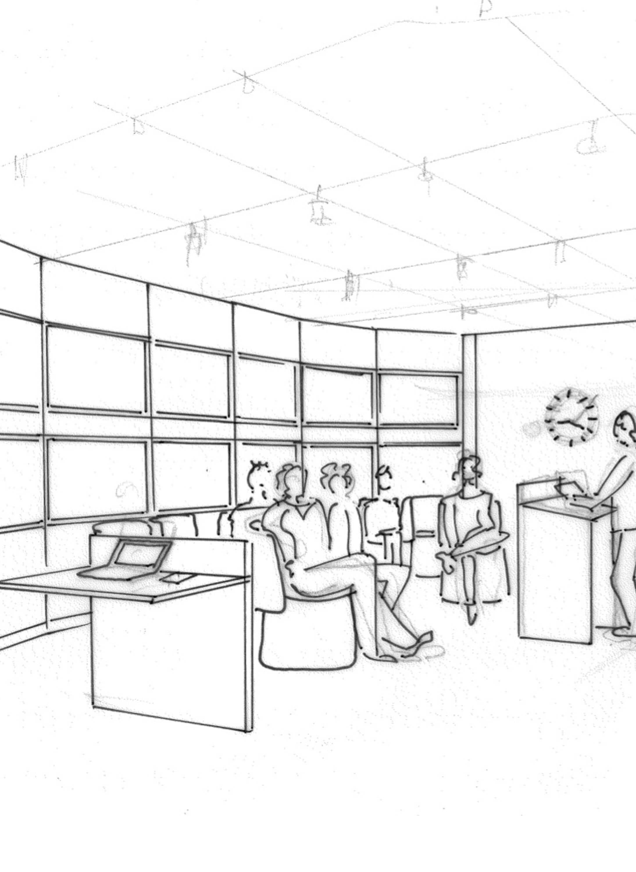 Croquis de personnes assistant à un cours dans la salle virtuelle de l’Essec, le Deck, avec un professeur au pupitre.