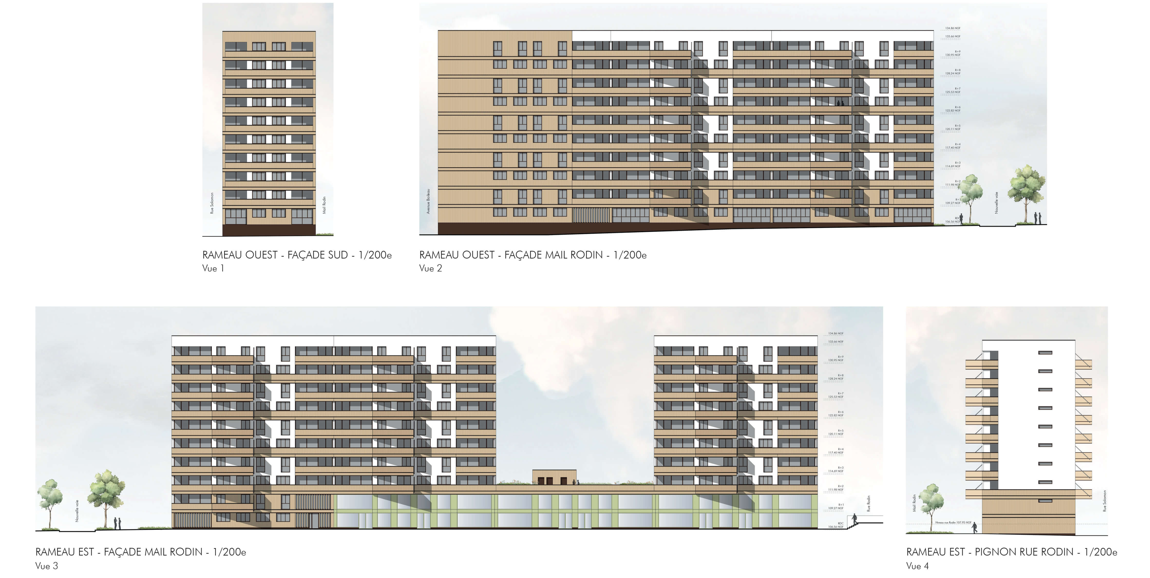 Dessin technique représentant les façades des rameaux est et ouest donnant sur le mail Rodin et la rue  Rodin dans le cadre du projet de réhabilitation avec démolition partielle du quartier de Bois l'Abbé.