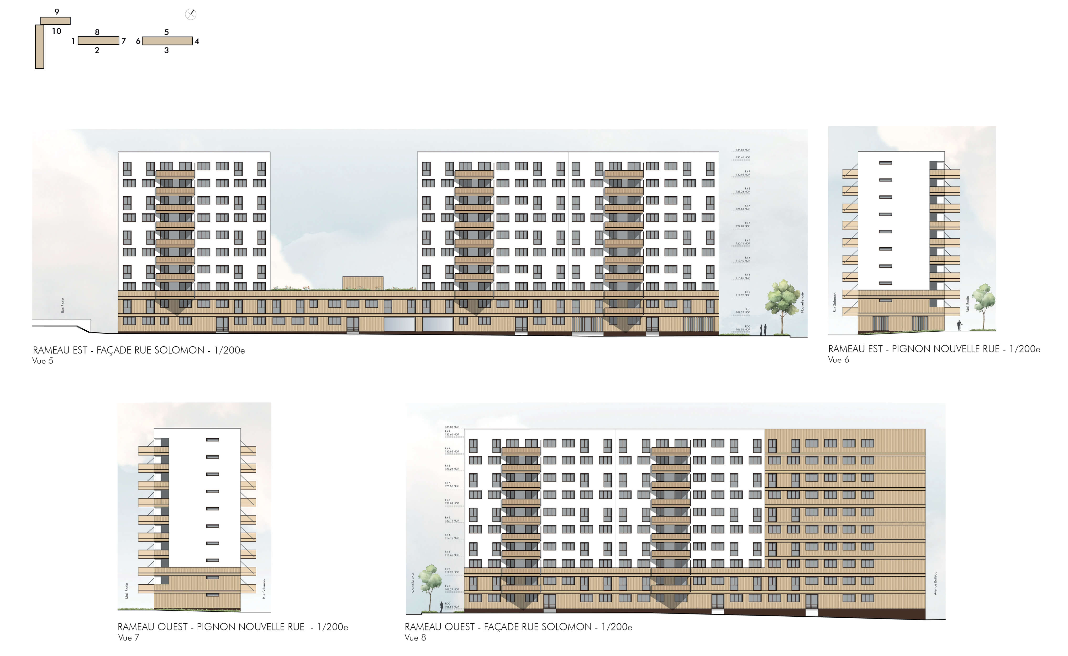 Dessin technique représentant les façades des rameaux est et ouest donnant sur la rue Solomon et la nouvelle rue dans le cadre du projet de réhabilitation avec démolition partielle du quartier de Bois l'Abbé.