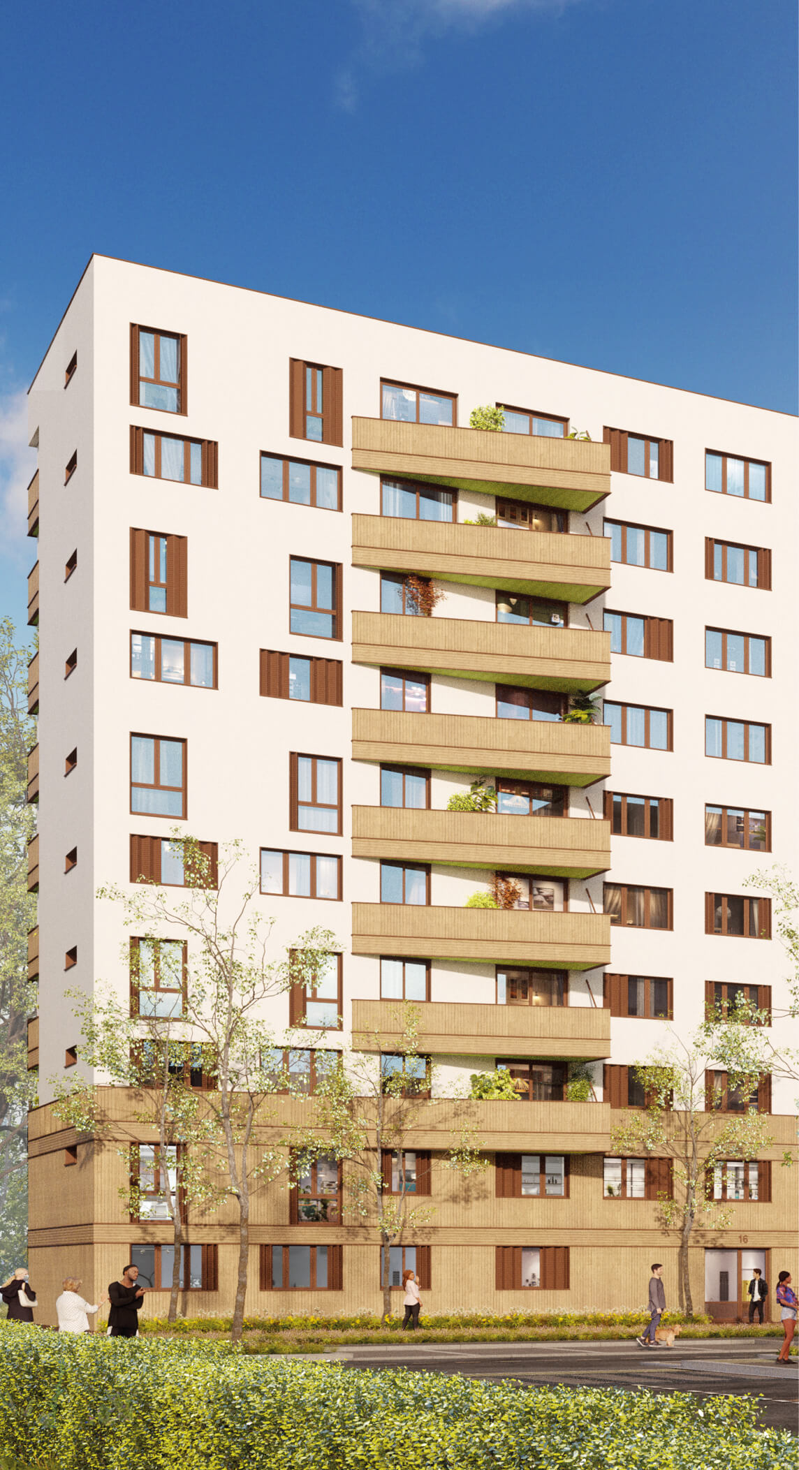 Image d'un logiciel de création 3D représentant les balcons d'une façade d'immeuble du Bois l'Abbé vue de la rue attenante après la mise en œuvre du projet réhabilitation avec démolition partielle.