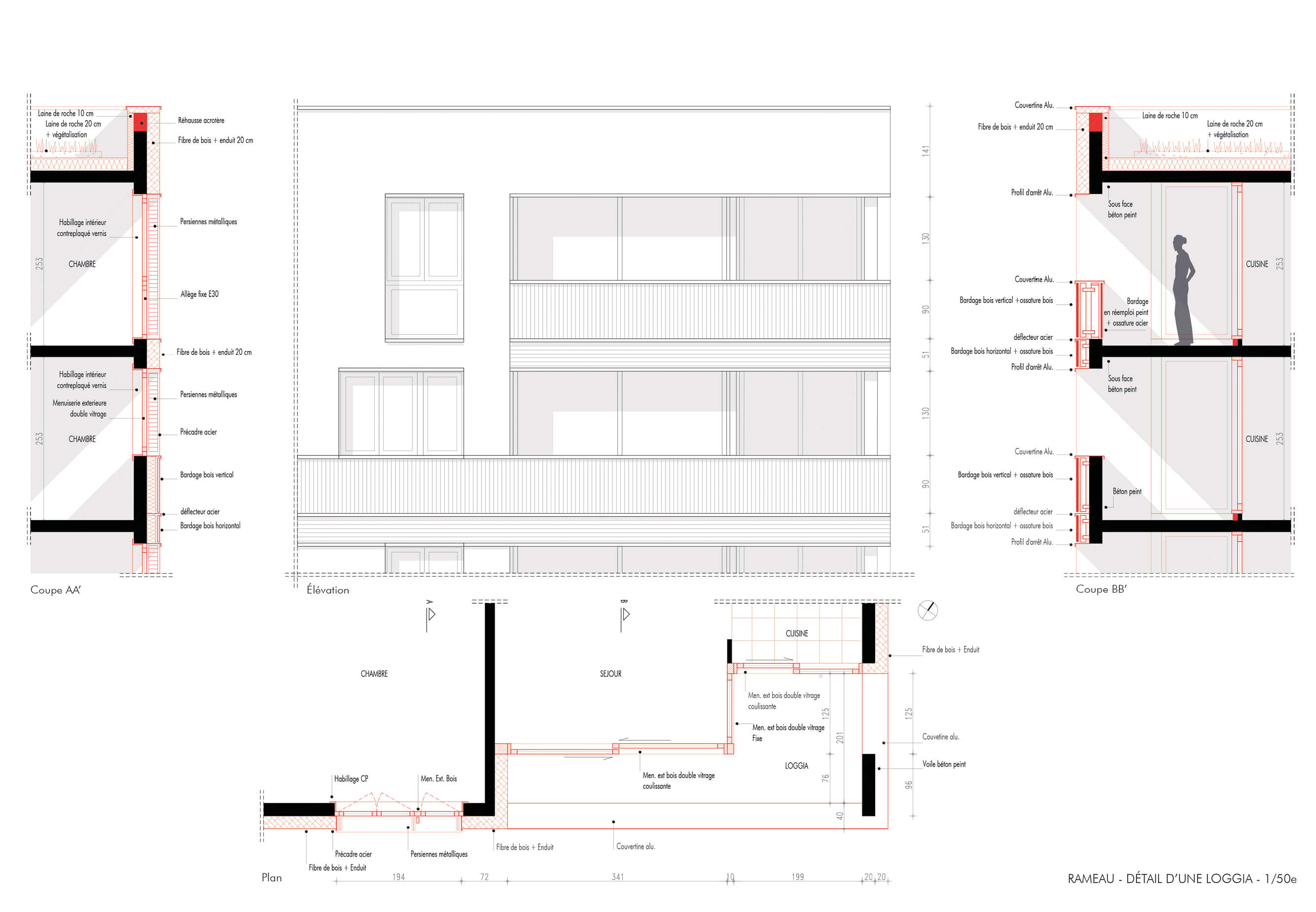 Plans détaillant l'aménagement d'une loggia dans le cadre du projet de réhabilitation avec démolition partielle du quartier de Bois l'Abbé.