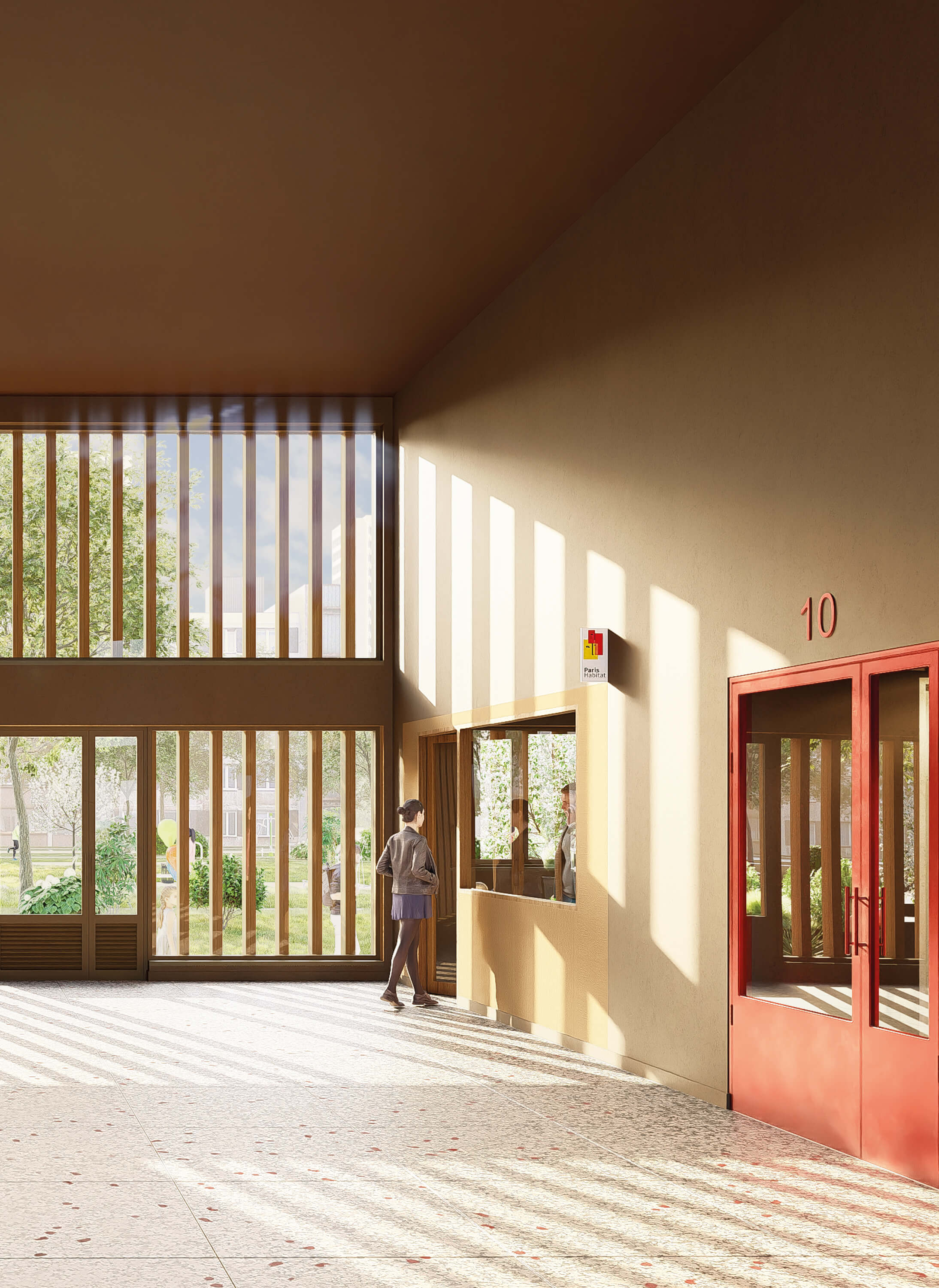 Image d'un logiciel de création 3D représentant la porte et la loge d'un hall d'immeuble après la mise en œuvre du projet réhabilitation avec démolition partielle de Bois l'Abbé.