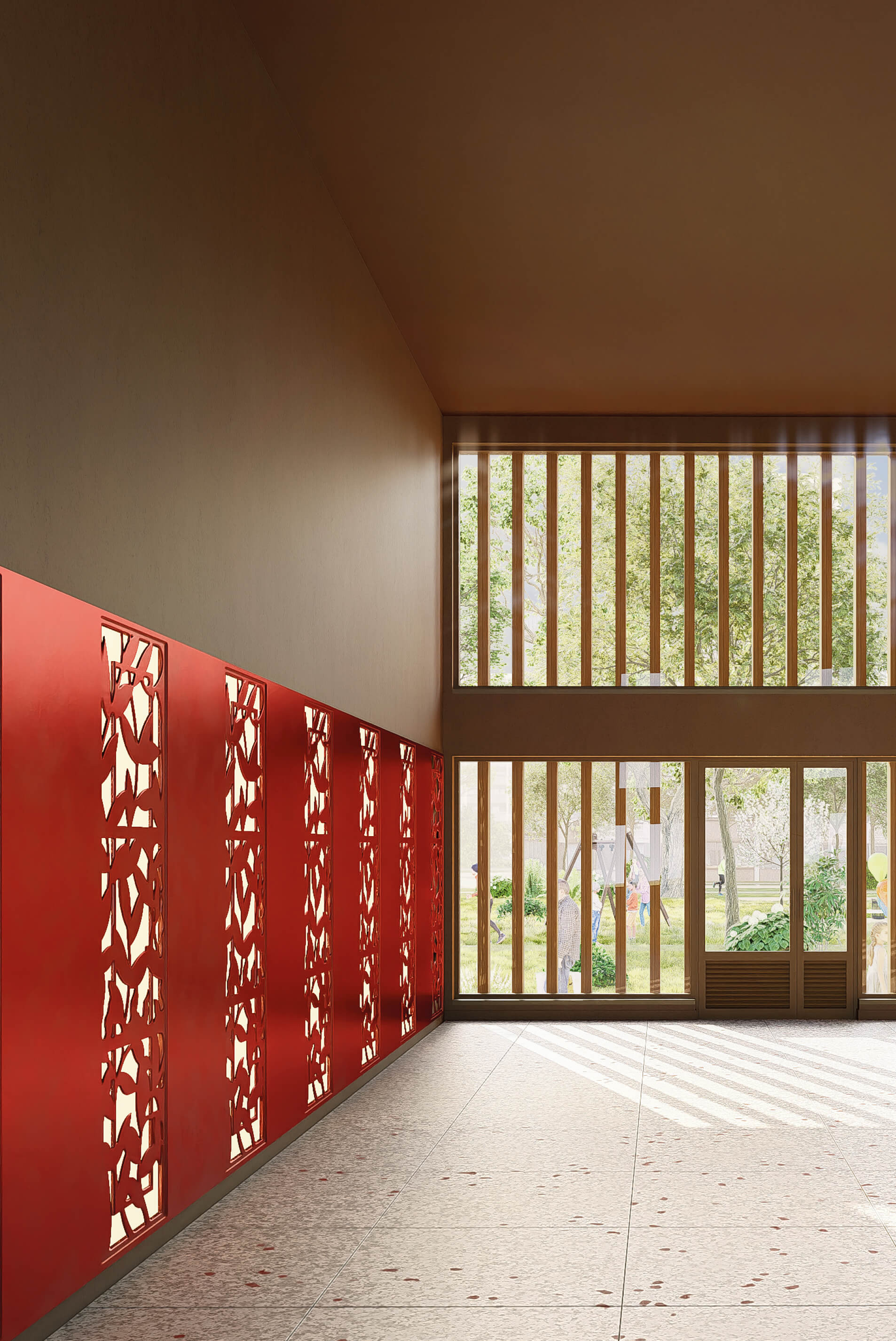 Image d'un logiciel de création 3D représentant un hall d'immeuble après la mise en œuvre du projet réhabilitation avec démolition partielle de Bois l'Abbé.