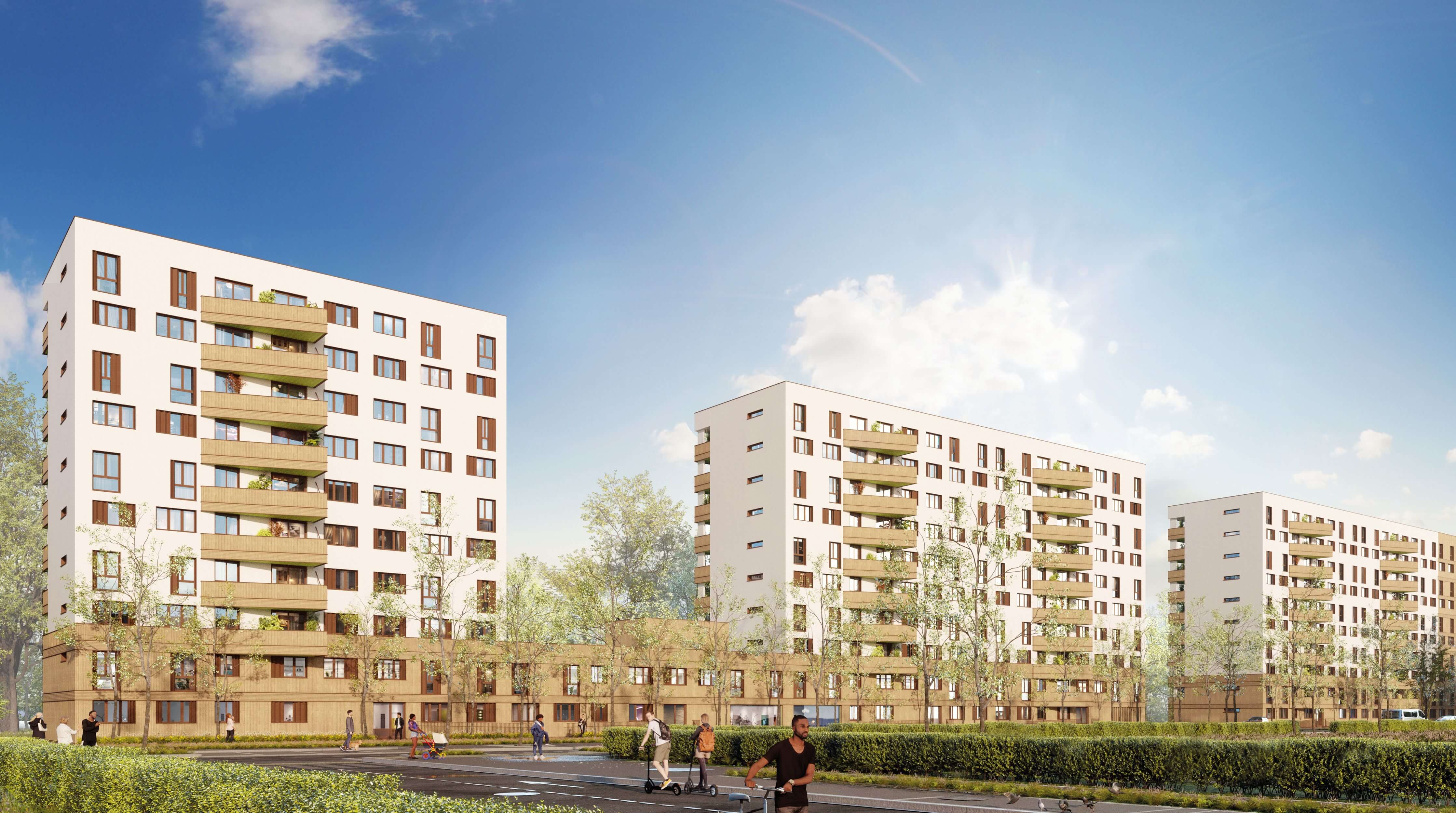 Image d'un logiciel de création 3D représentant une façade d'immeuble du Bois l'Abbé vue de la rue attenante après la mise en œuvre du projet réhabilitation avec démolition partielle.