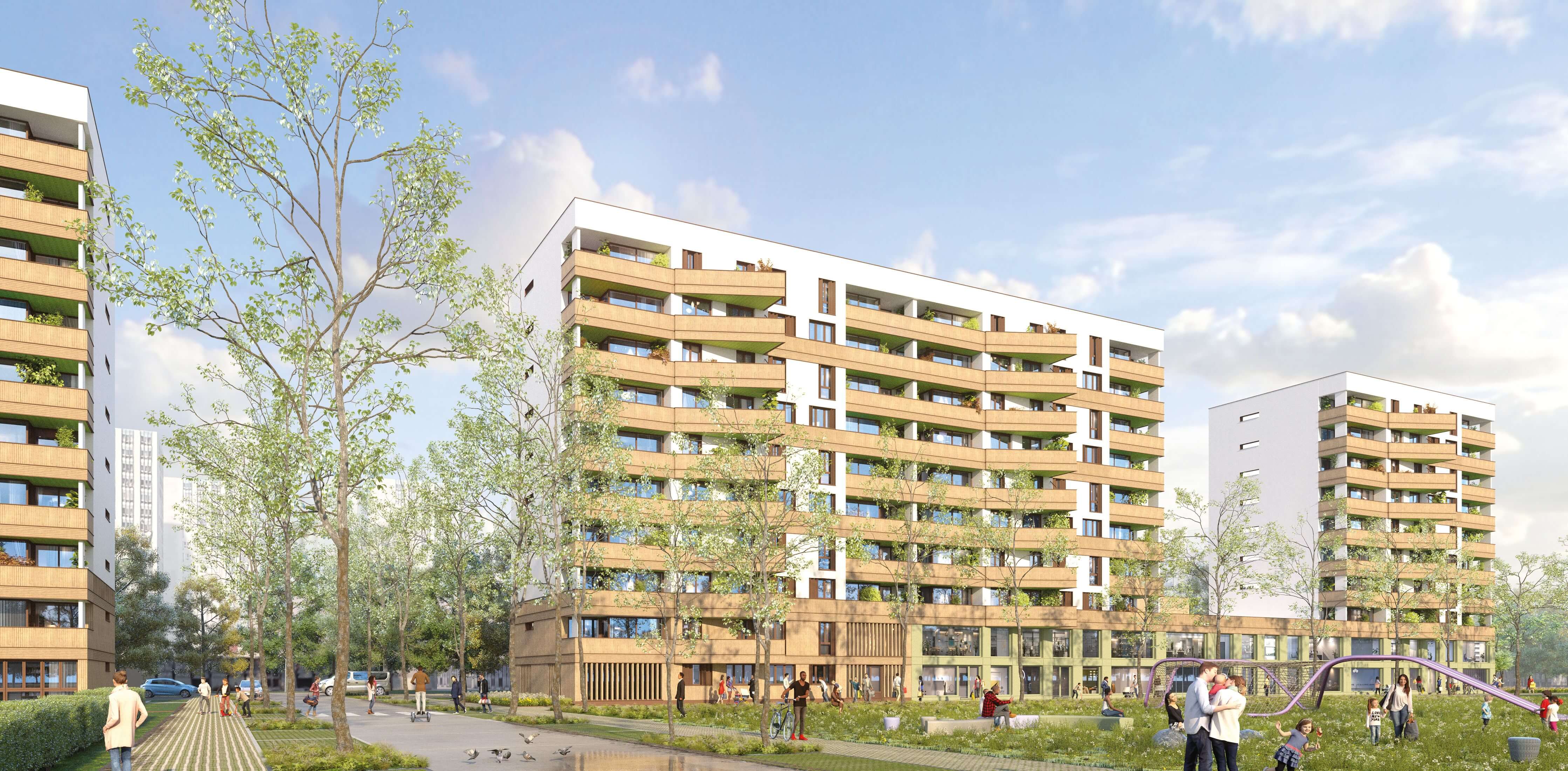 Image d'un logiciel de création 3D représentant une façade d'immeuble du Bois l'Abbé vue du parc voisin après la mise en œuvre du peojet de réhabilitation avec démolition partielle.