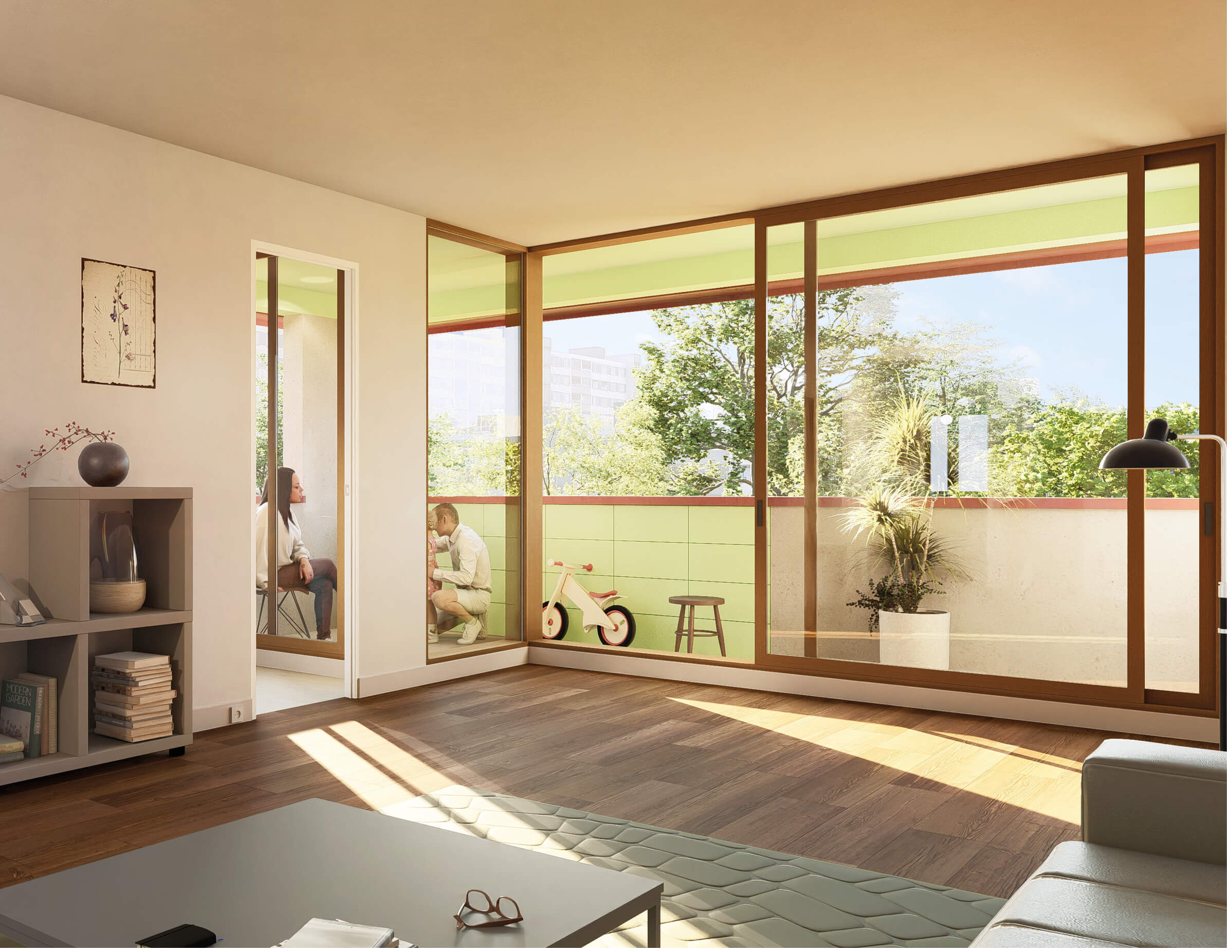 Image d'un logiciel de création 3D représentant l'intérieur d'un appartement lumineux du Bois l'Abbé, ses locatairessur le balcon, après la mise en œuvre du projet de réhabilitation avec démolition partielle.