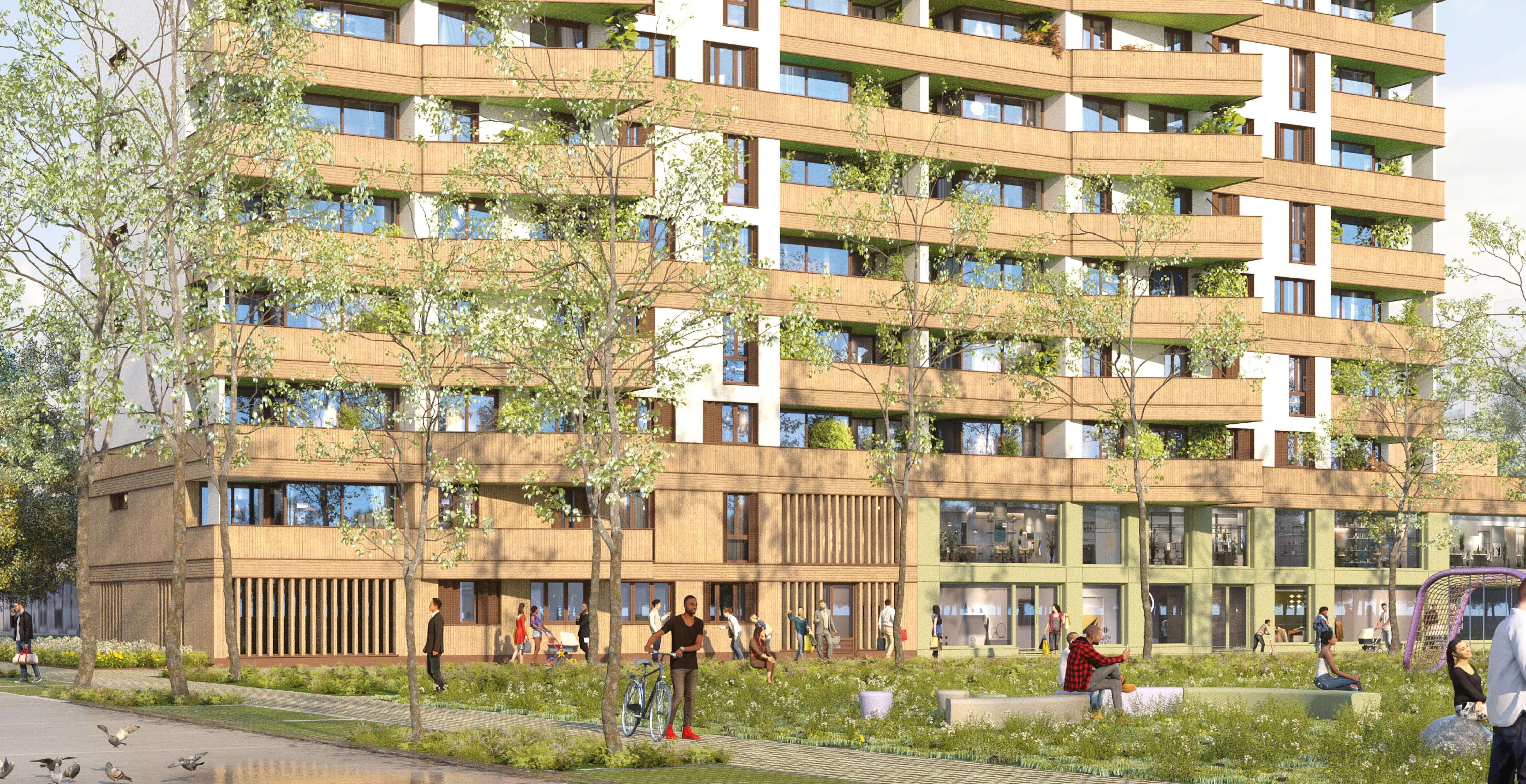 Image d'un logiciel de création 3D représentant le parc, les commerces et les logements d'un immeuble d'immeuble du Bois l'Abbé après la mise en œuvre du peojet de réhabilitation avec démolition partielle.s