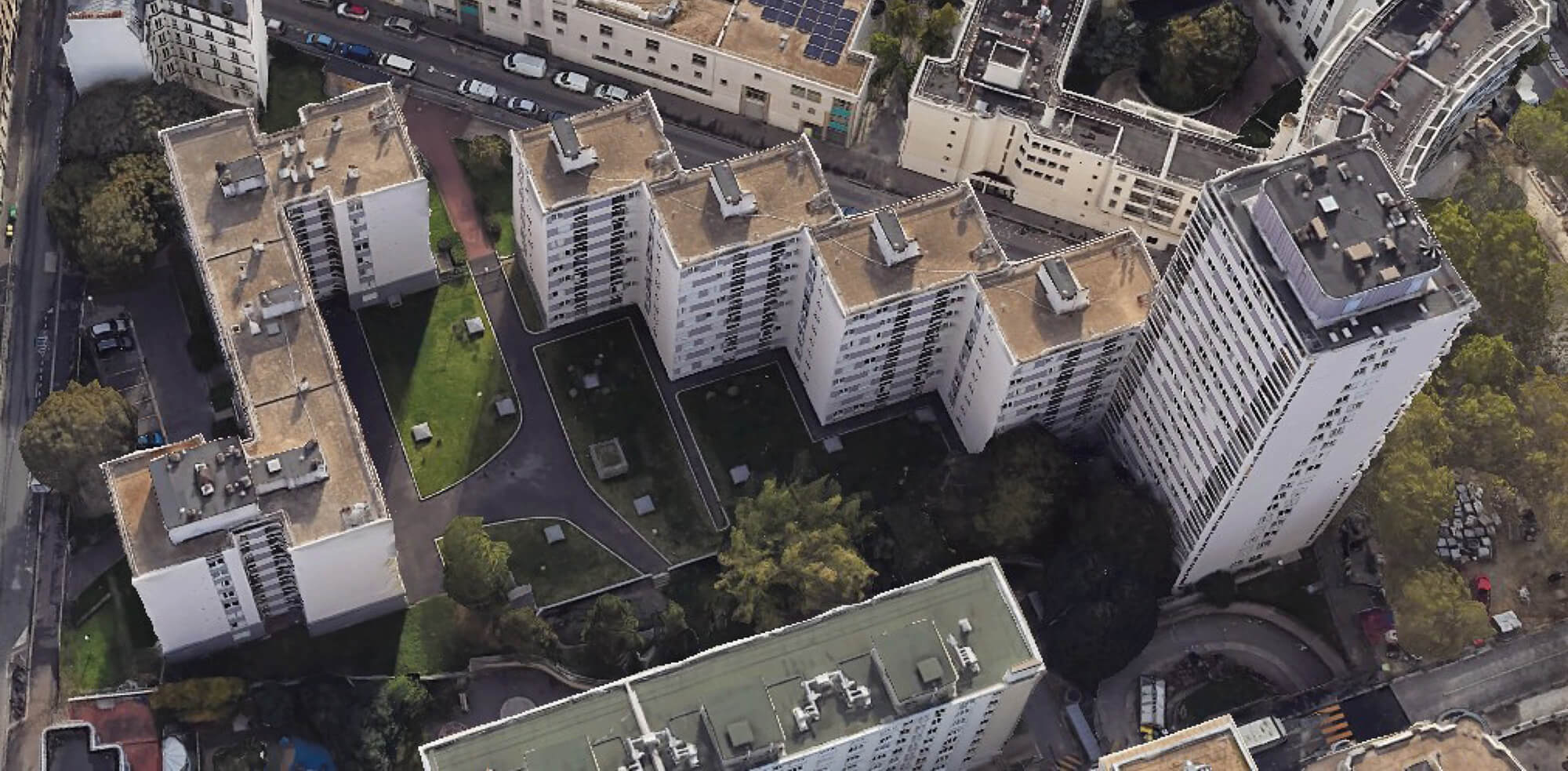 Photo aérienne des immeubles du projet de restructuration et rehabilitation plan climat rue Boucry