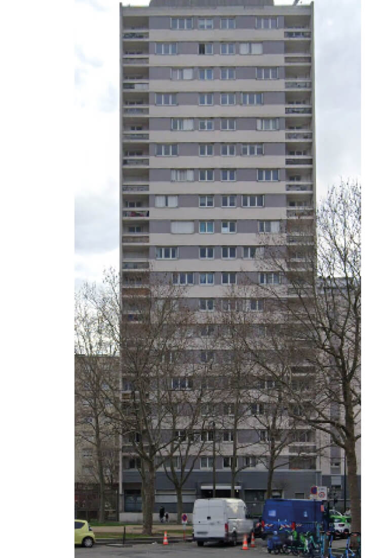 Photo de la façade de la tour des immeubles avant le projet de restructuration et rehabilitation plan climat rue Boucry