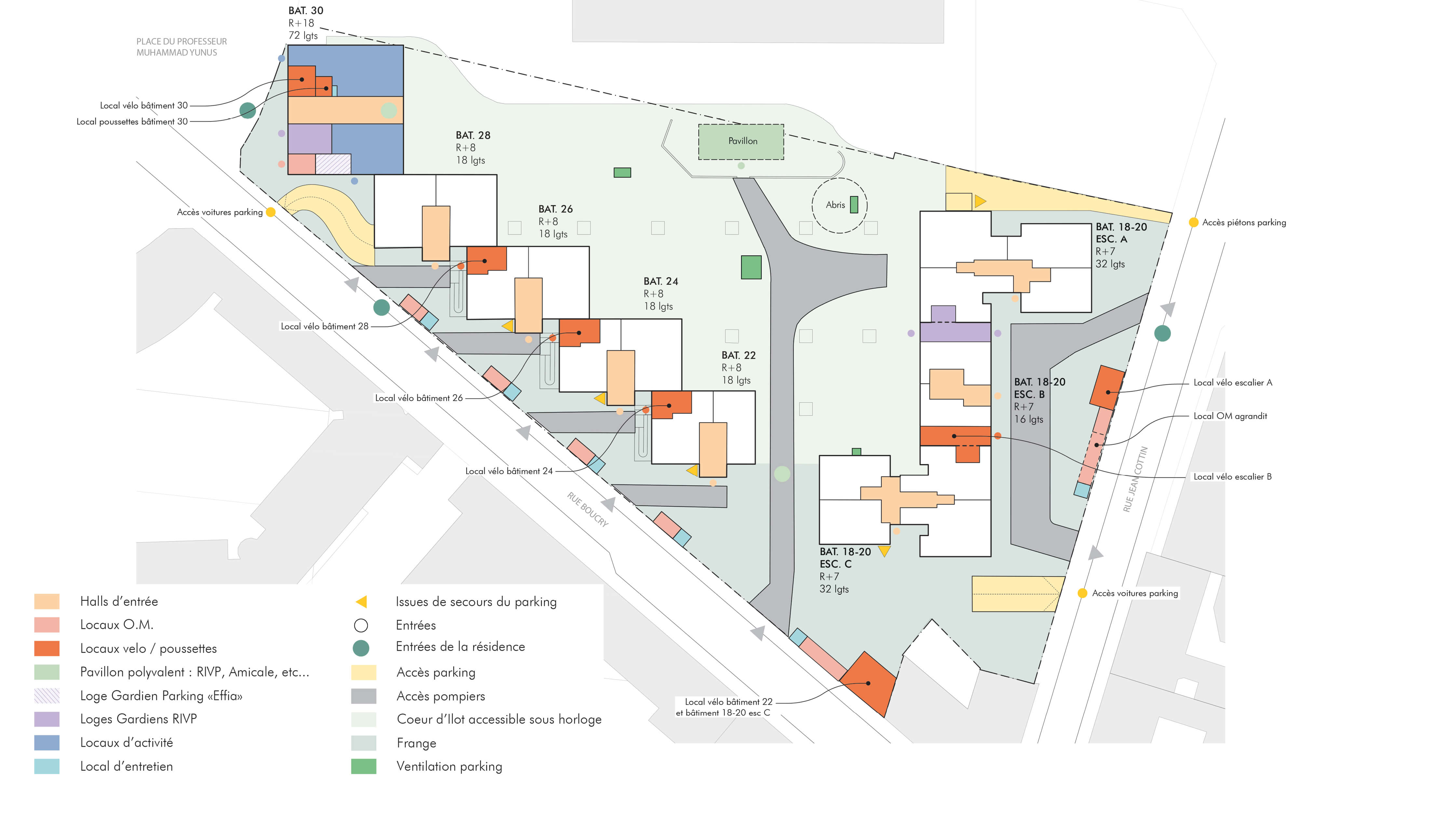 Plan détaillant en couleurs les affectations des différentes parties des immeubles de la restructuration et rehabilitation plan climat rue Boucry