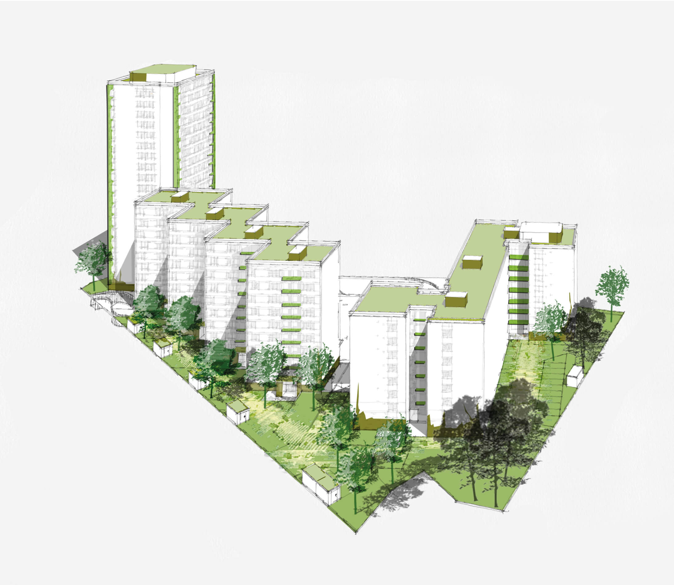 Simulation 3D de l’ensemble des immeubles et des espaces verts du projet restructuration et réhabilitation plan climat rue Boucry