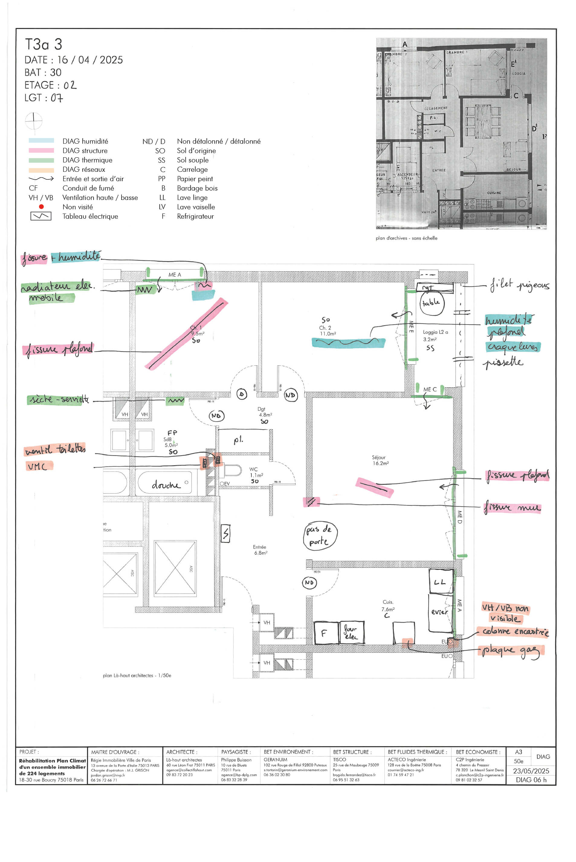 Plan d’un T3 rue Boucry avec annotations manuscrites et en couleurs pour signaler les différents problèmes avant la restructuration et réhabilitation plan climat