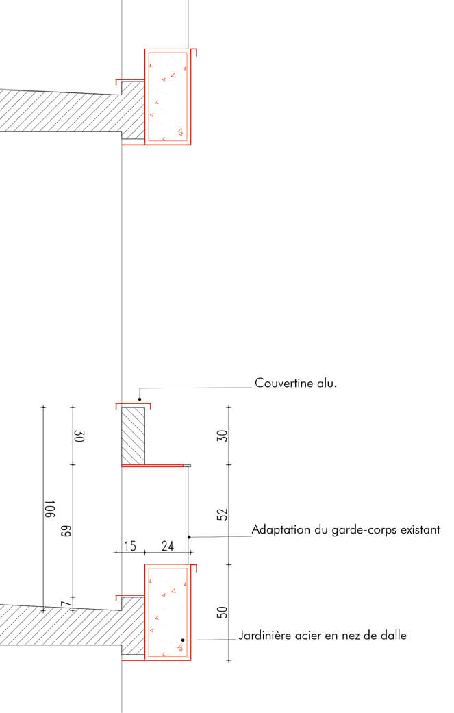Dessin technique montrant en détail les modifications sur une partie de la façade dans le cadre du projet de restructuration et réhabilitation plan climat rue Boucry