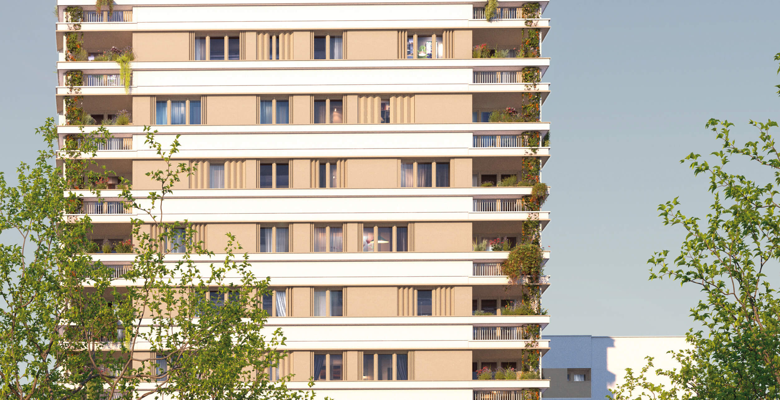 Détail d’une simulation 3D d’une façade du projet de restructuration et réhabilitation plan climat ru Boucry montrant les loggias fleuries