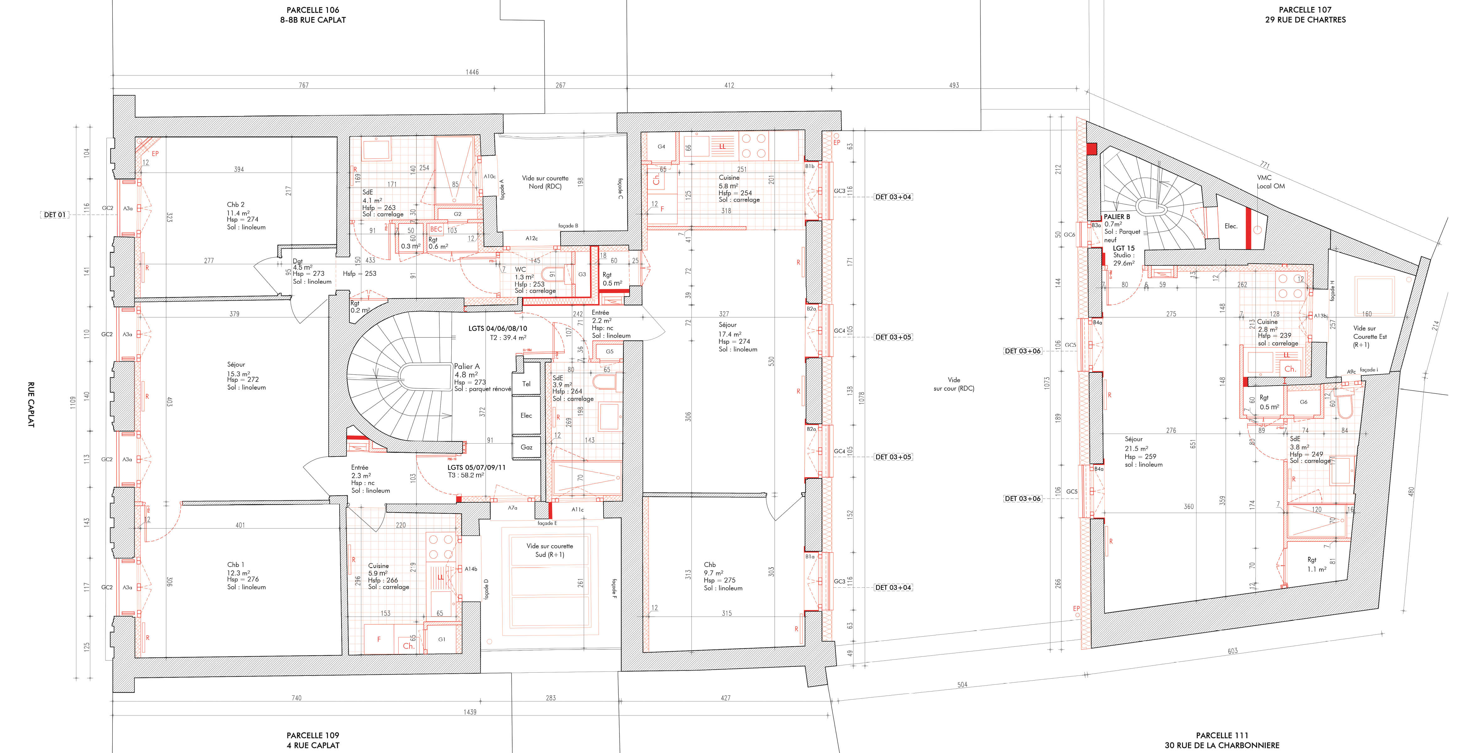 Seconde coupe horizontale de la restruction et réhabilitation de la rue Caplat Paris