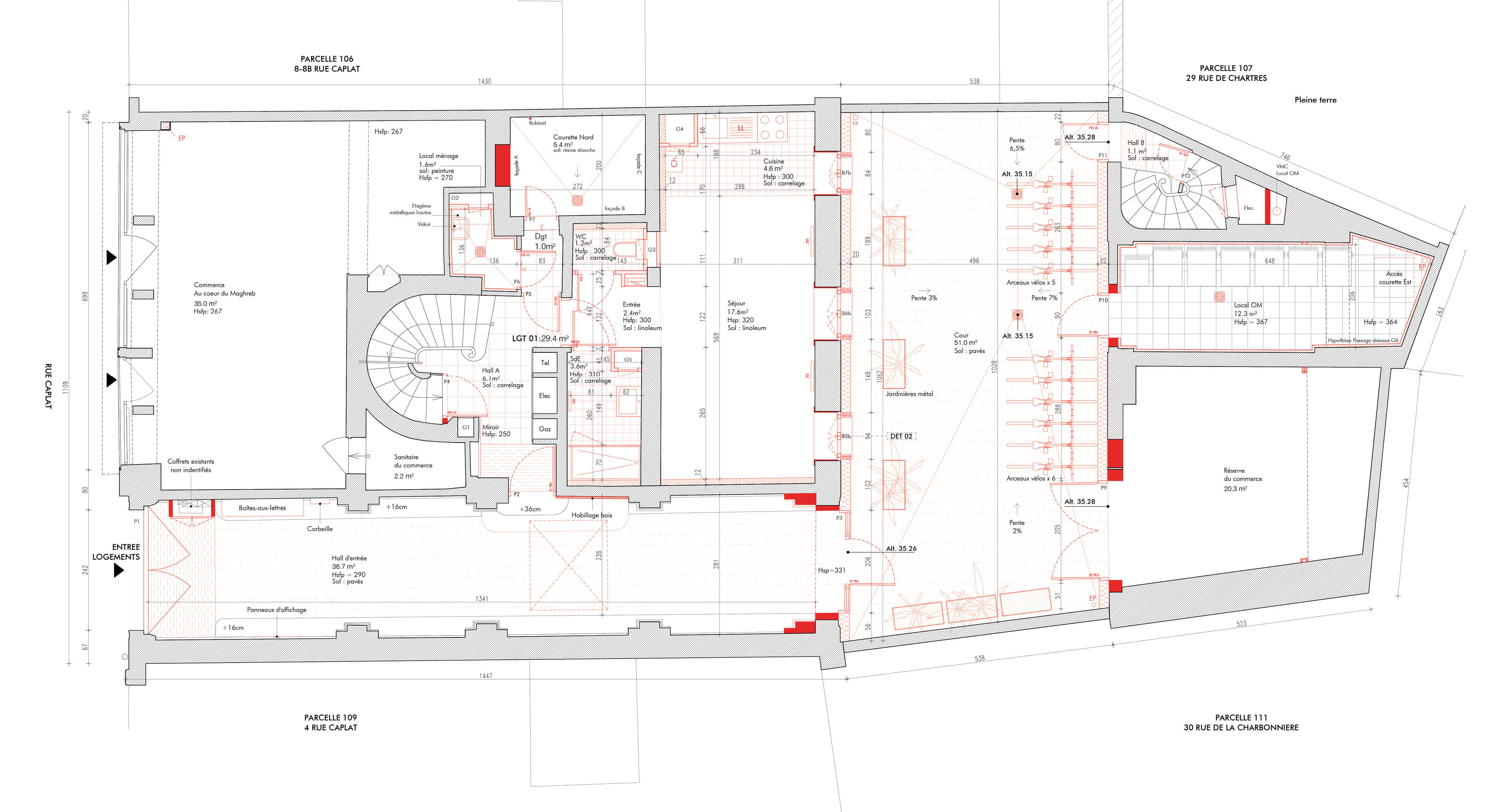 Coupe horizontale de la restruction et réhabilitation de la rue Caplat Paris