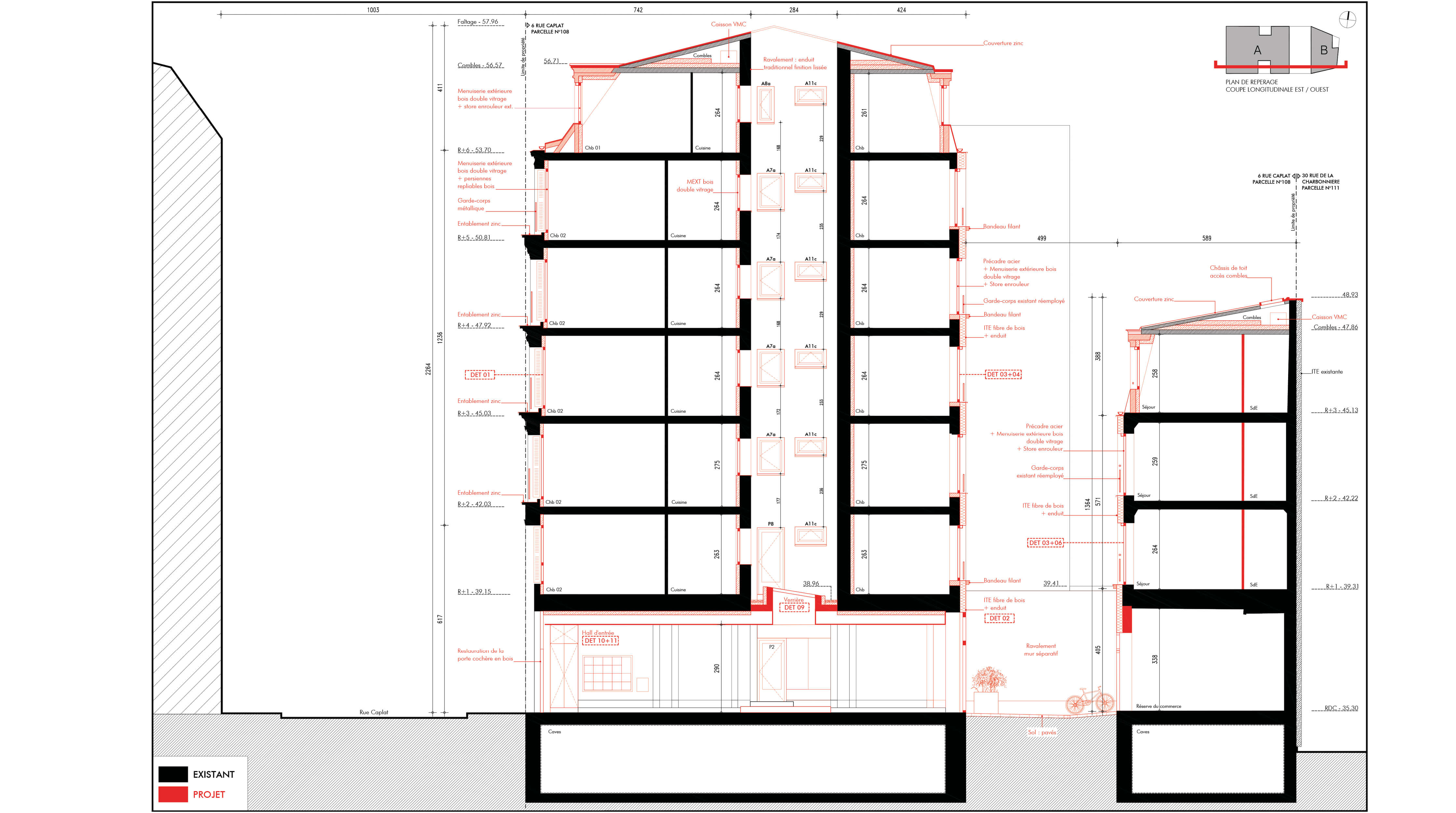 Coupe verticale de la restruction et réhabilitation de la rue Caplat Paris