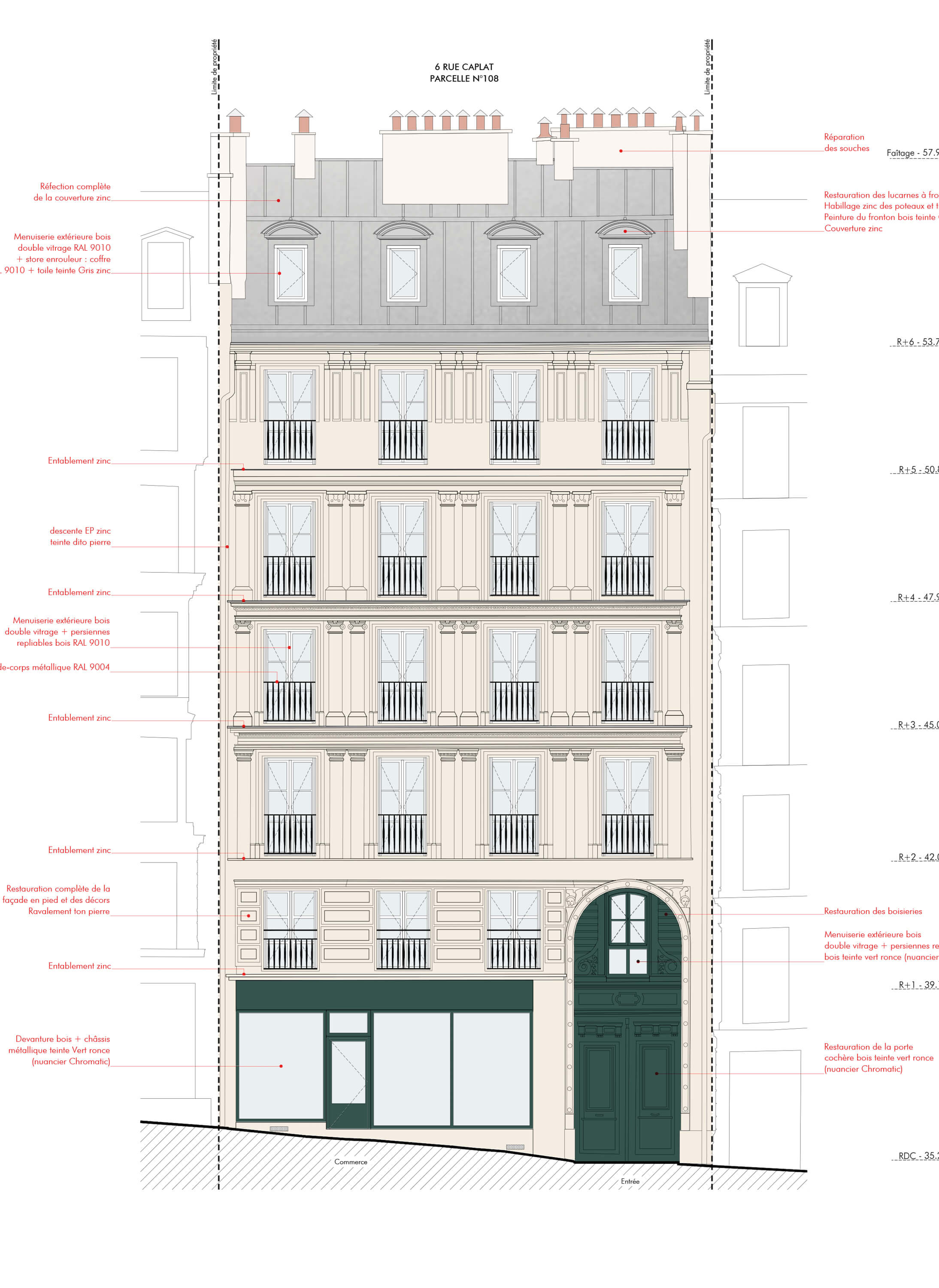 Dessin technique de la façade du projet de restruction et réhabilitation de la rue Caplat Paris