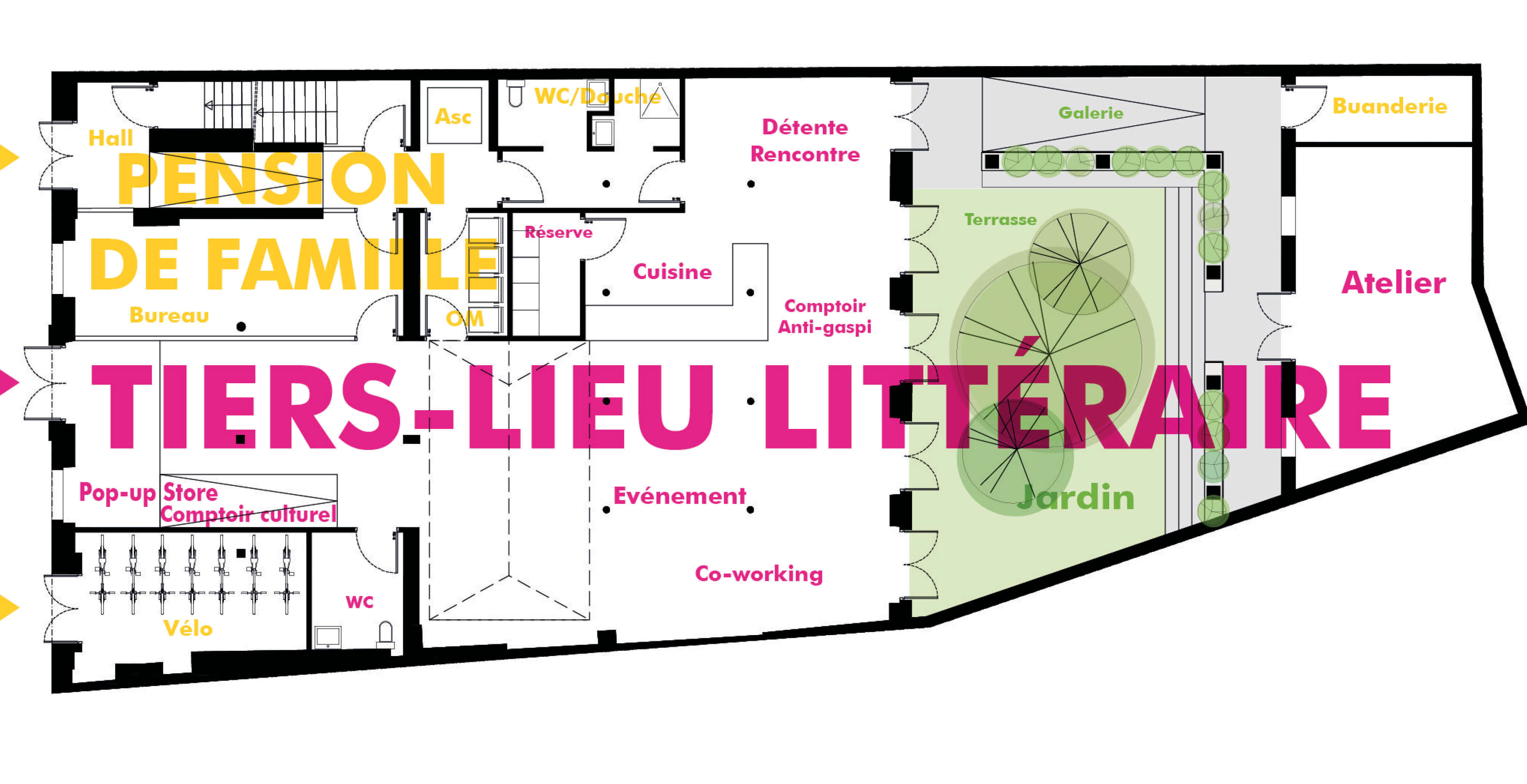 Plan rehaussé d’inscriptions colorées pour situer les différents espaces du rez-de-chaussée du tiers lieu littéraire en pension de famille rue des Bernardins