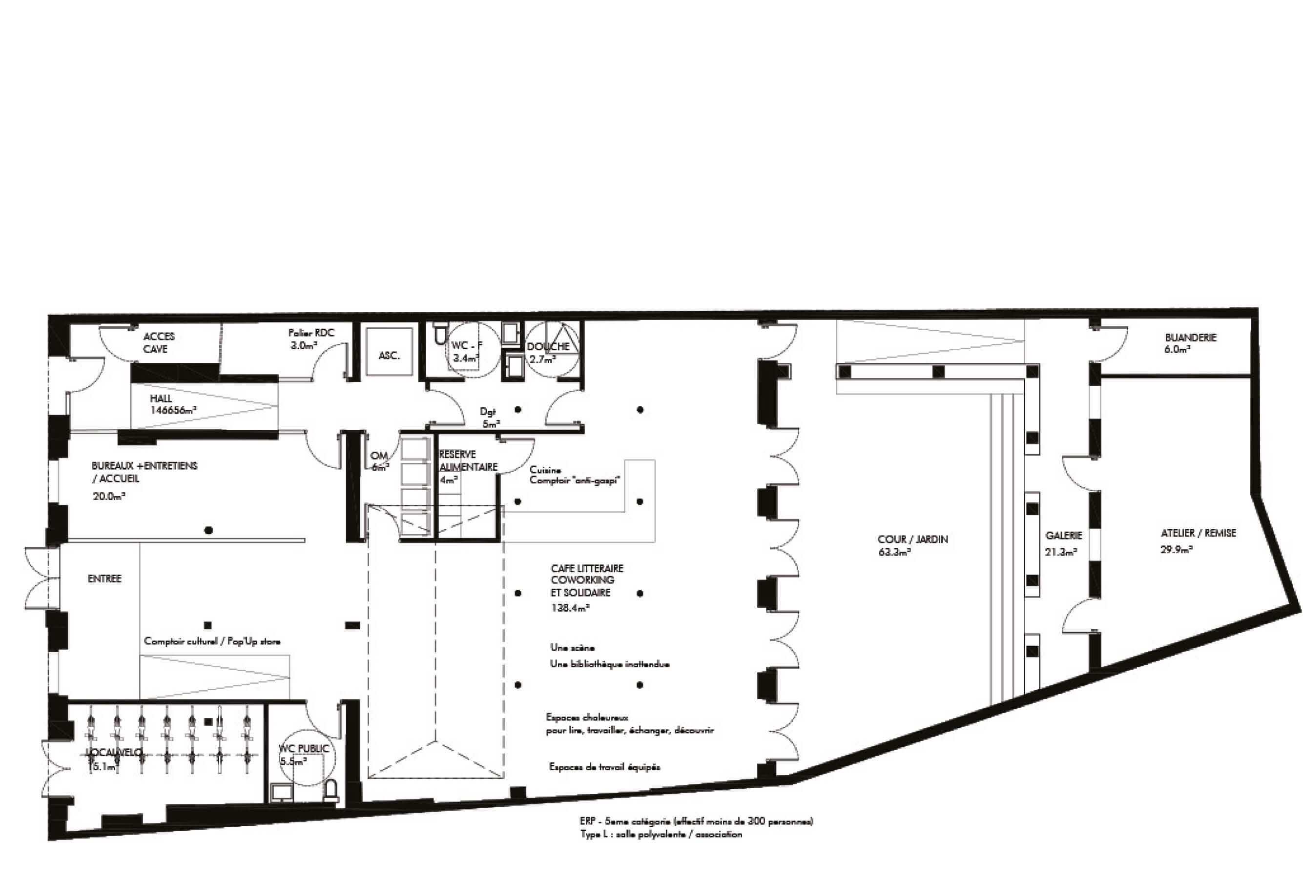 Plan du rez-de chaussée du projet de tiers lieu littéraire en pension de famille rue des Bernardins