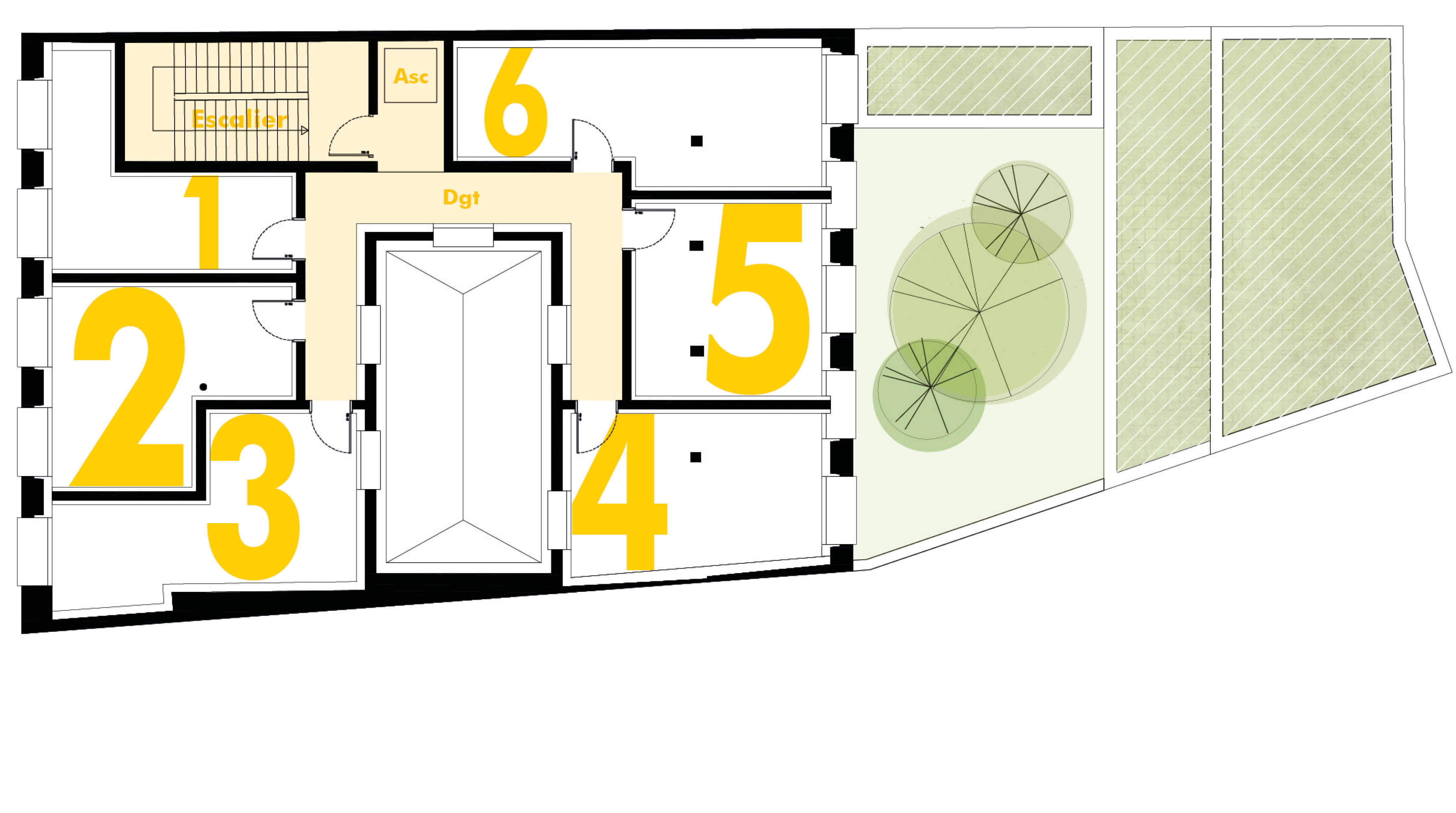Plan rehaussé d’inscriptions colorées pour situer les différents appartements à l’étage du tiers lieu littéraire en pension de famille rue des Bernardins