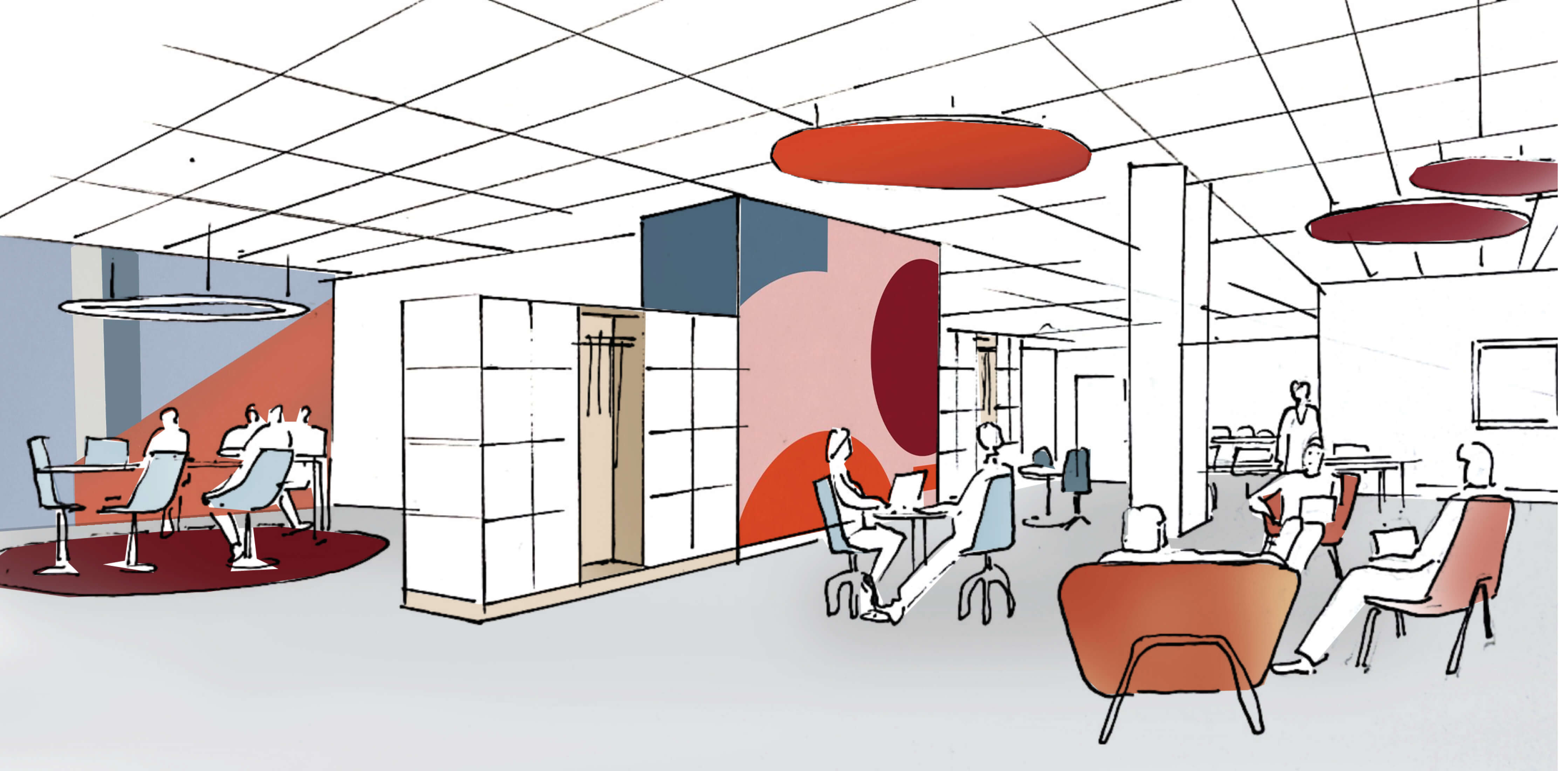 Dessin d’un open space après le réaménagement du siège social de la société Iqera avec des touches de couleurs sur les murs, le plafond, le mobilier
