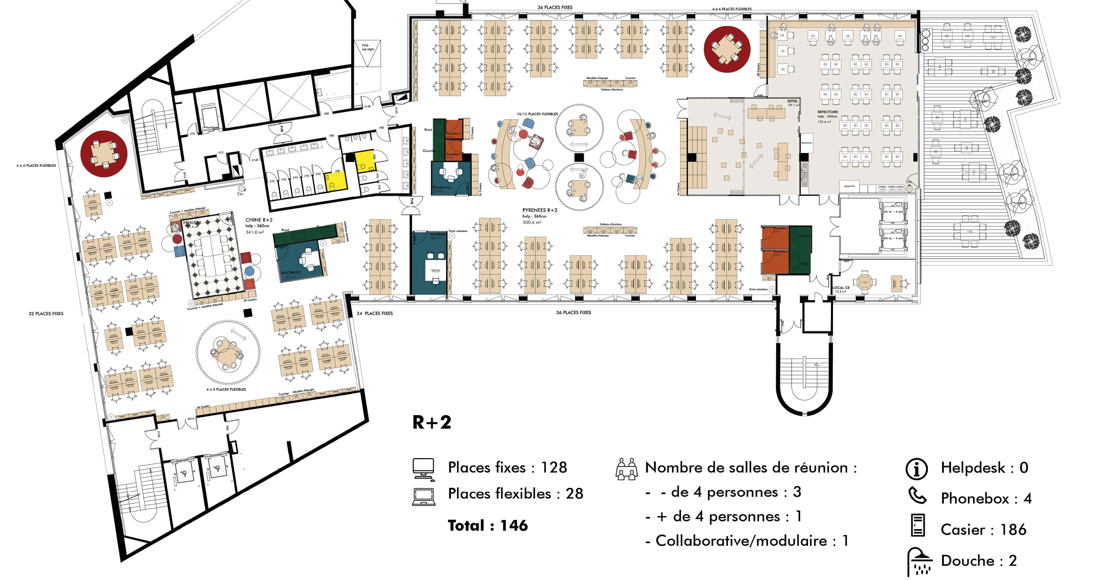 Plan en couleurs des différents espaces du R+2 après le réaménagement du siège social de la société Iqera