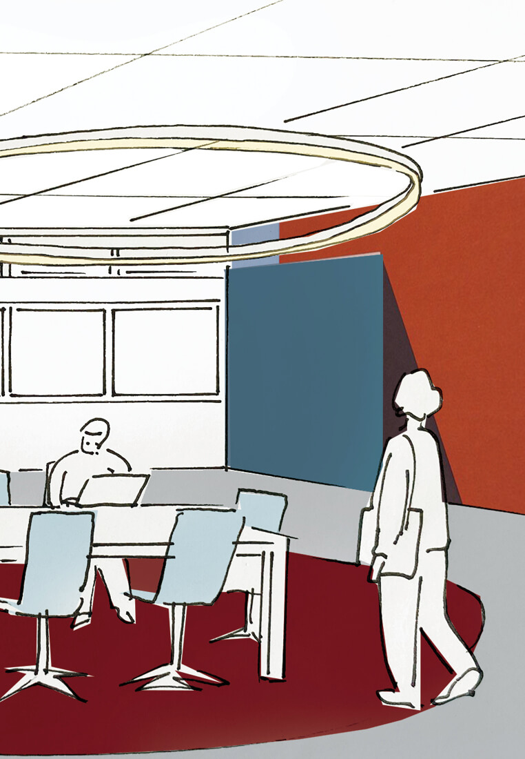 Dessin de personnes dans une salle de réunion avec mur et tapis colorés après le réaménagement du siège social de la société Iqera