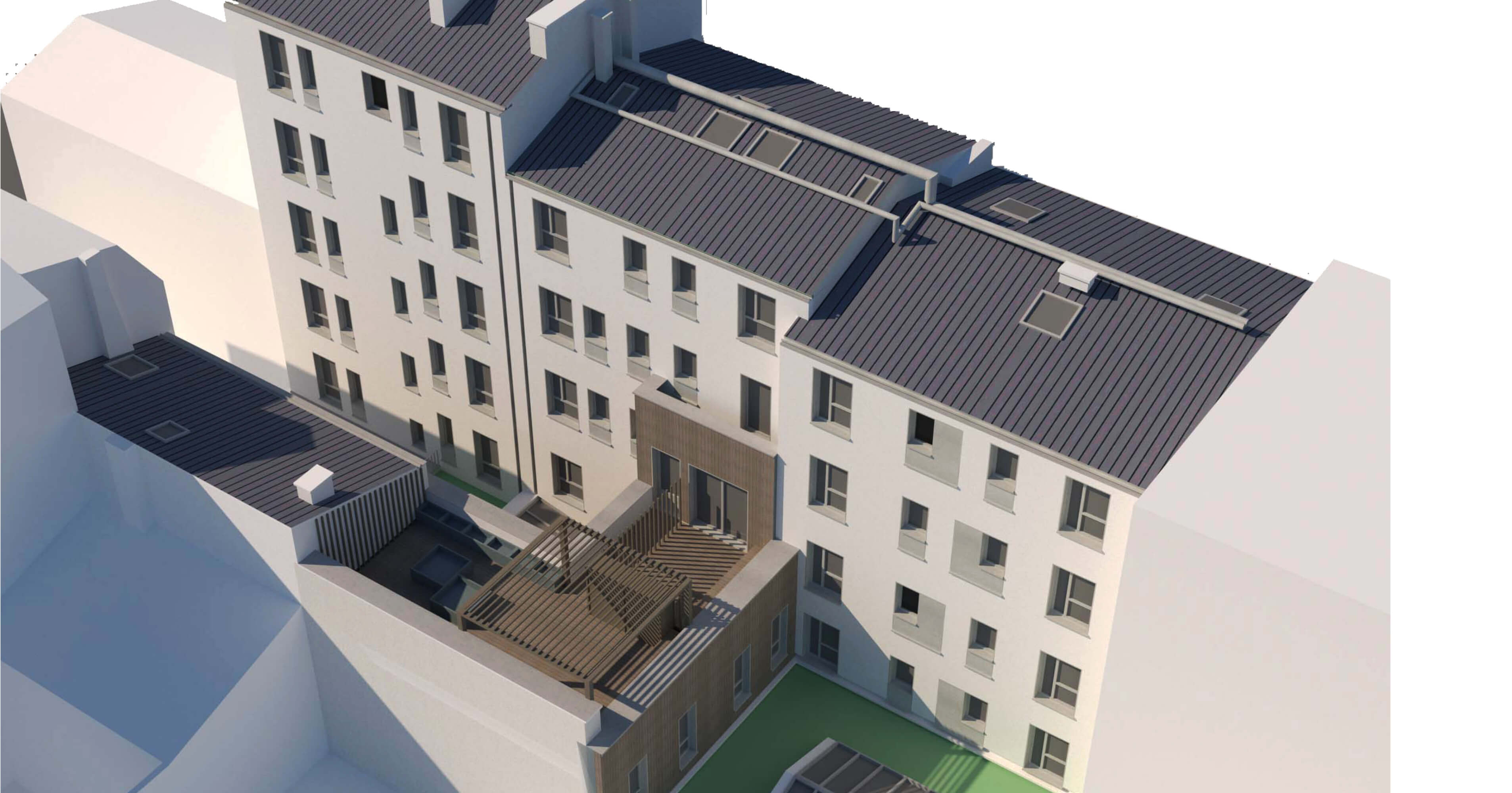 Simulation 3D montrant la restructuration et réhabilitation plan climat à l’arrière des 3 immeubles rue Émile Lepeu