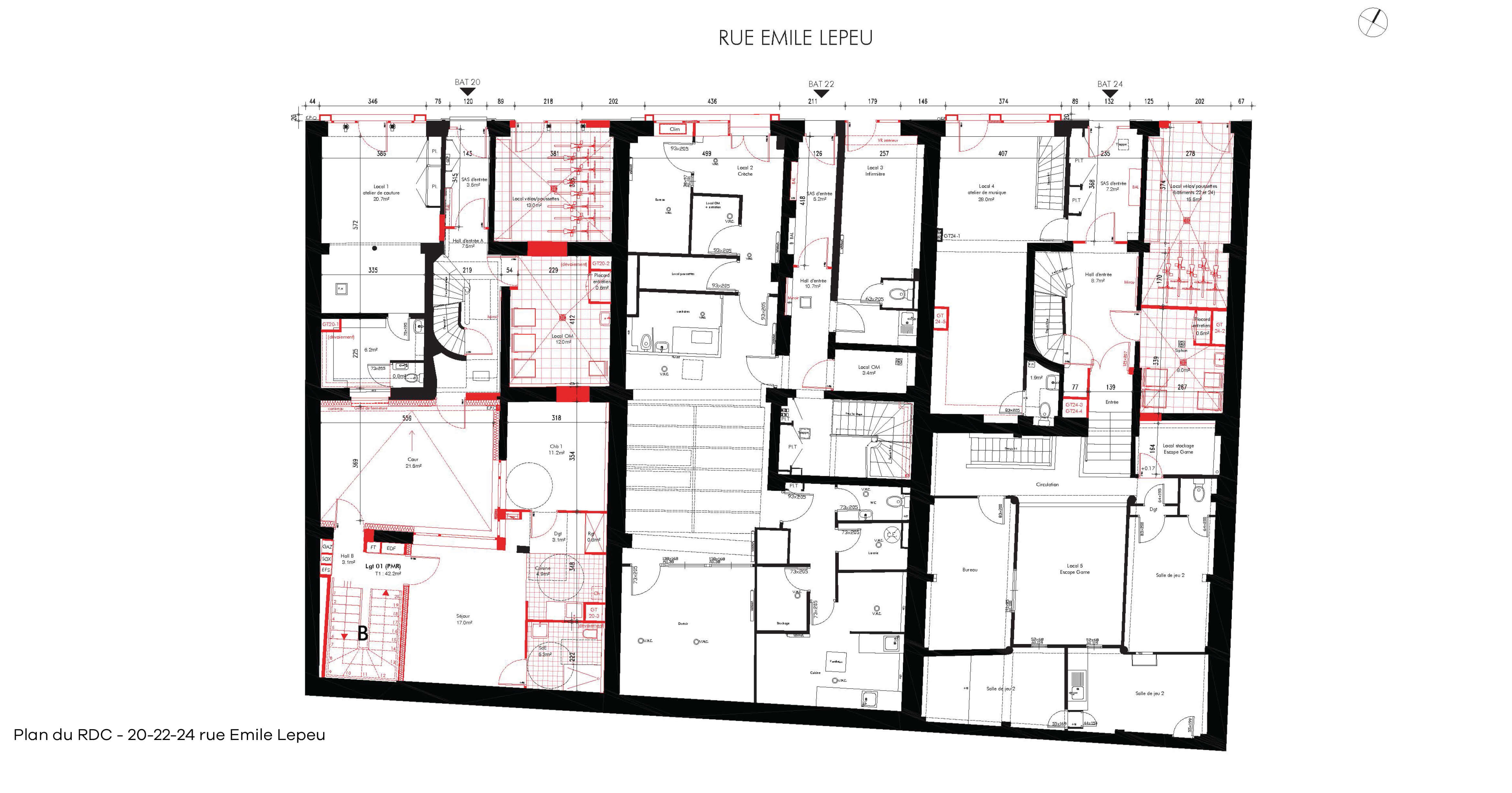 Dessin technique montrant les afectationdes différents espaces du rez-de-chaussée dans les 3 immeubles