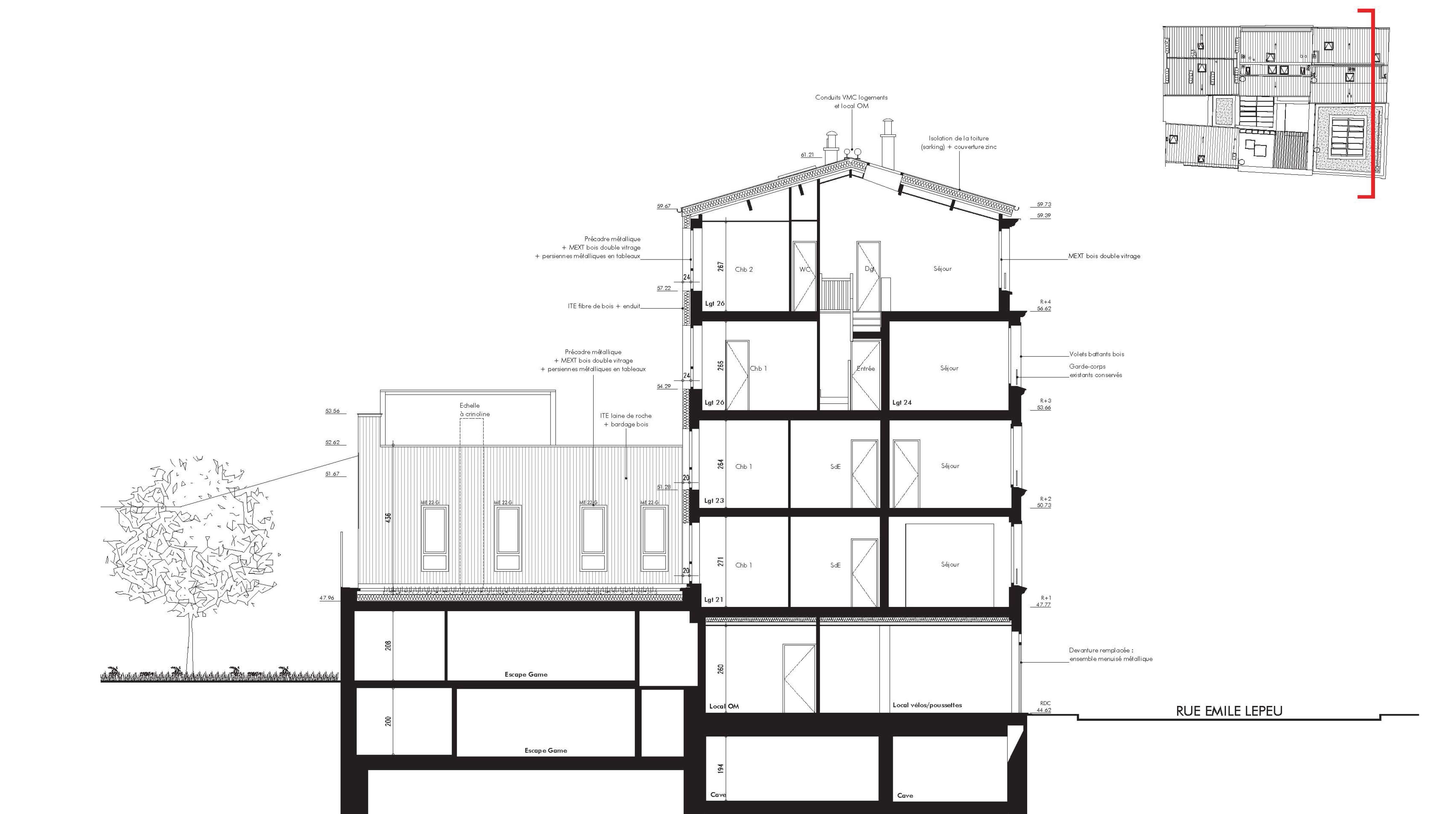 Dessin technique d’un plan de coupe montrant les différents étages d’un immeuble du projet restructuration et réhabilitation plan climat rue Émile Lepeu