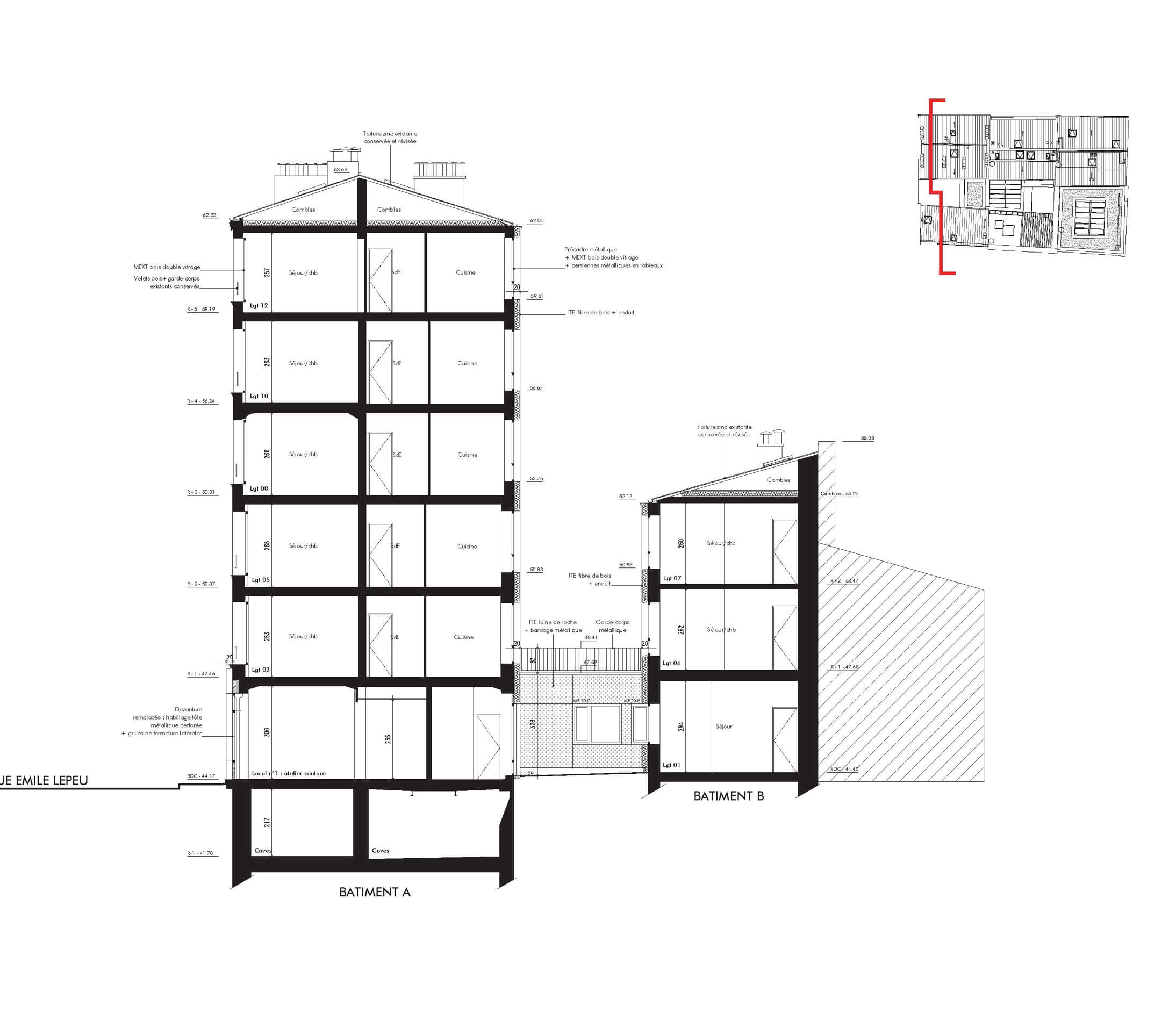 Dessin technique d’un plan de coupe du bâtiment A montrant les différents étages du projet restructuration et réhabilitation plan climat rue Émile Lepeu
